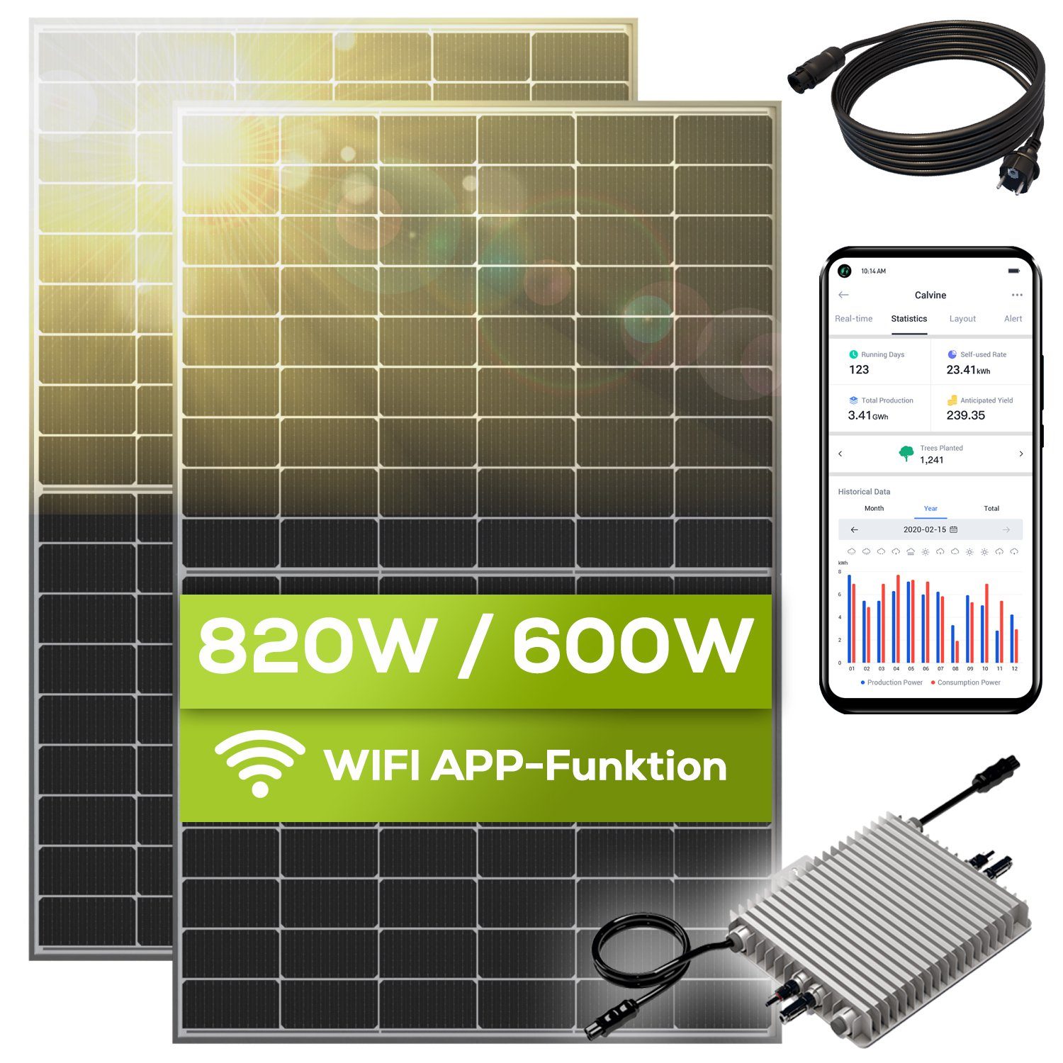 TroniTechnik Solaranlage Balkonkraftwerk Mini PV-Anlage 2 x 410W Set 820W / 600W Mikroinverter, 820 W, Monokristallin, (Komplettset, 4-St., 2x Solarpaneel, Mikroinverter, 5m Anschlusskabel), inkl. Mikroinverter und 5m Anschlusskabel