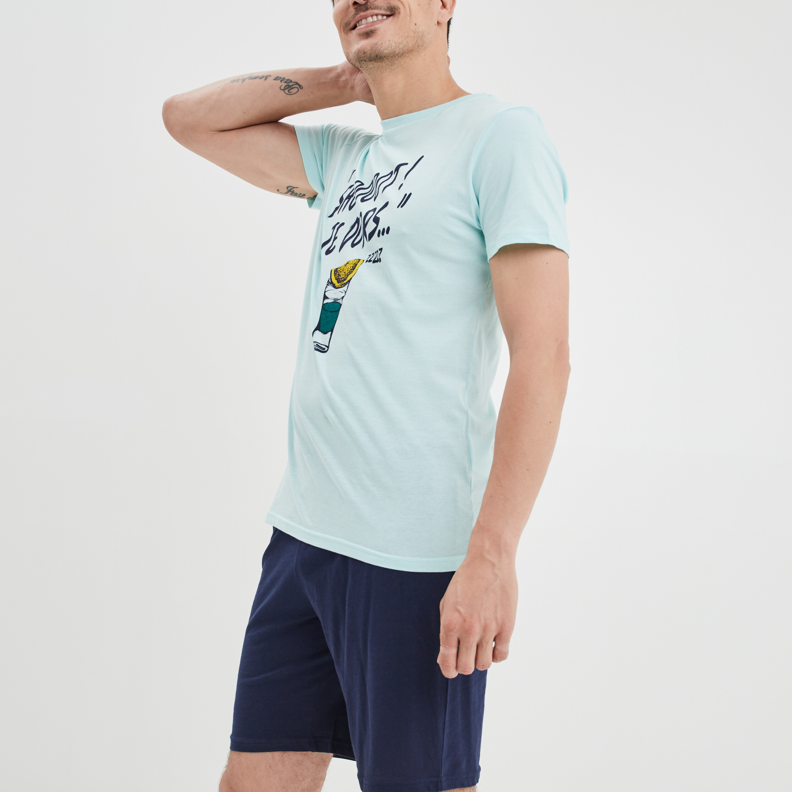 Ensemble pyjama short 2 pièces coton bleu turquoise homme | La Halle