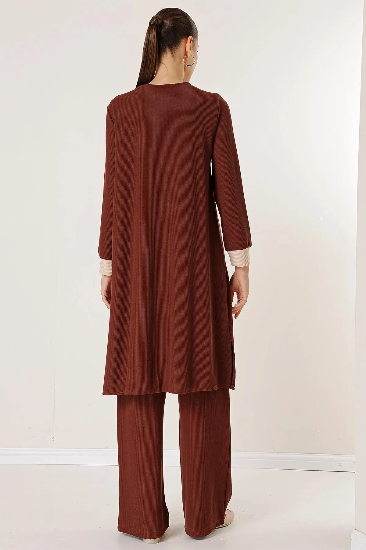By Saygı  Ärmellose Tunika, elastische Taille, Hose, lange Strickjacke, gestrickt, 3-teiliges Set