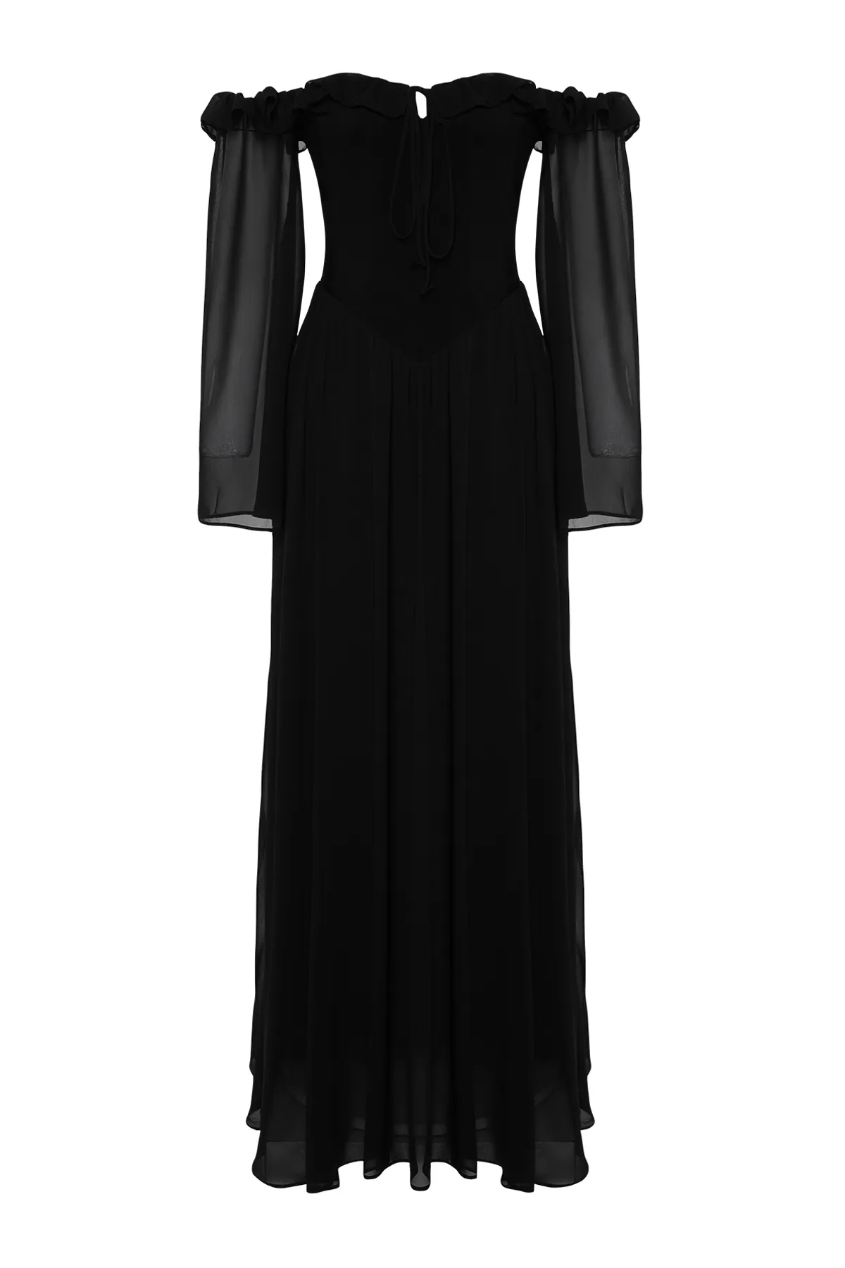 Trendyol Collection  Schwarzes Abendkleid mit Taillenöffnung/Skater-Chiffon, lang TPRSS24AE0016