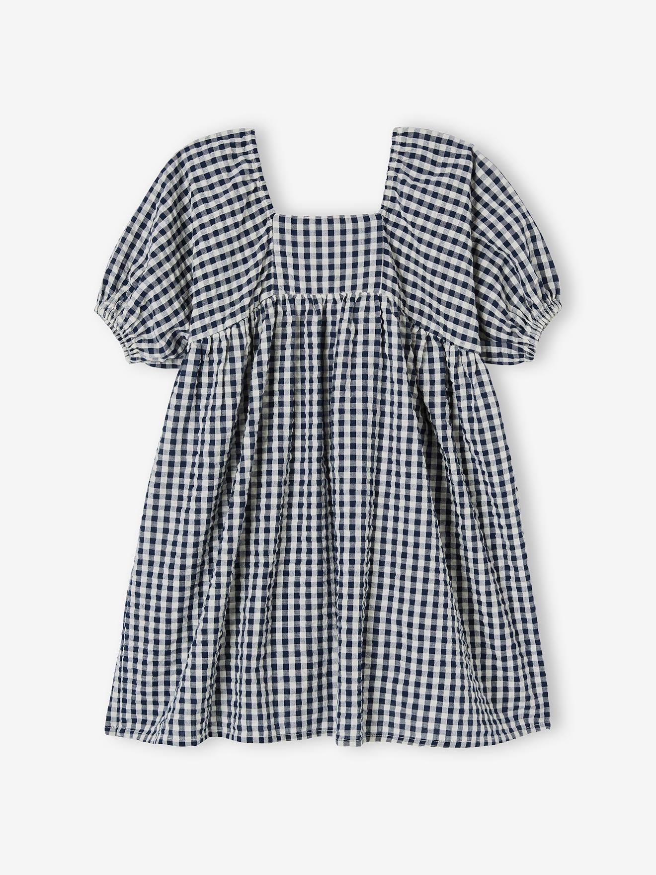 Robe à carreaux vichy fille manche boules carreaux marine