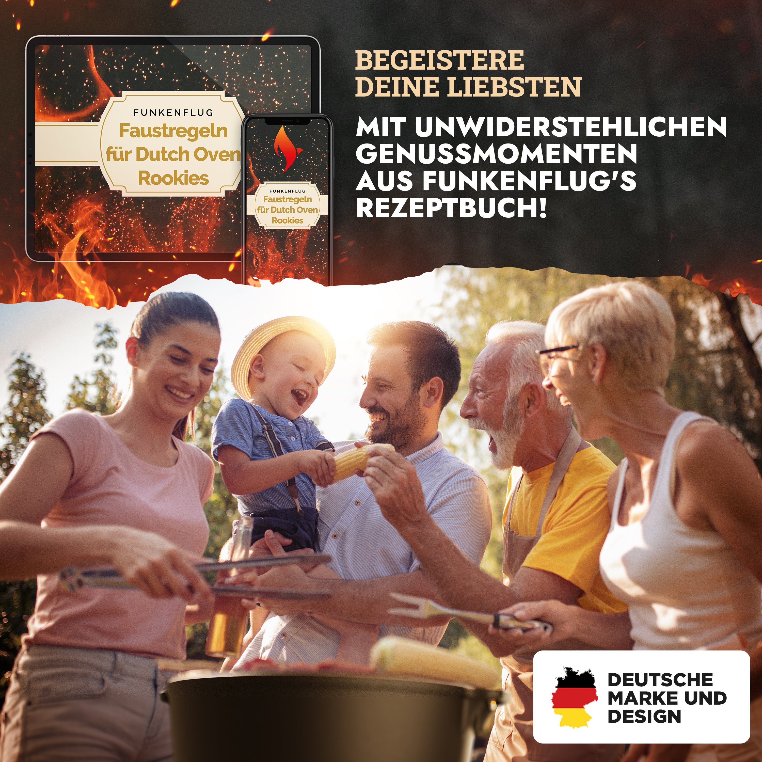 Funkenflug Feuertopf Eingebrannter Dutch Oven [8QT], Gusseisen (Rustikales Dutch Oven Set, 5-tlg., BBQ Feuertopf aus massivem & dickwandigen Gusseisen), inkl. Transporttasche, Deckelheber, Ringreiniger & Rezepte E-Book