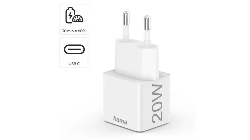 Hama Schnellladegerät, USB-C, PD/Qualcomm®, Mini-Ladegerät, 20 W, Weiß