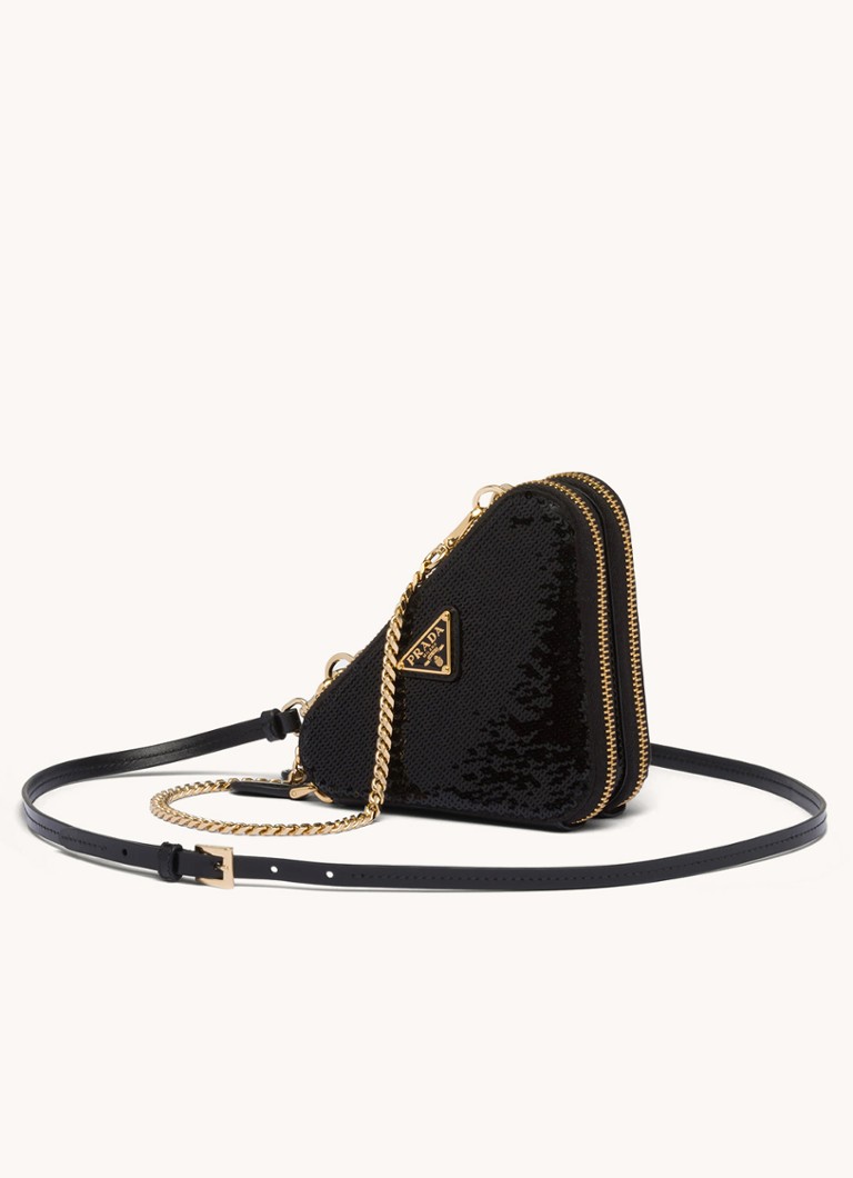 Prada Triangular mini crossbody bag with leather details and sequins