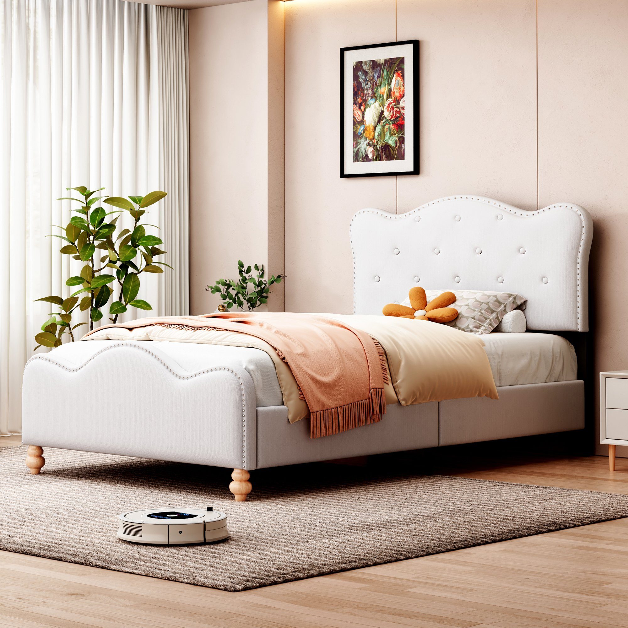 OKWISH Polsterbett Kinderbett Doppelbett Funktionsbett Gästebett (mit Fußteil und Lattenrost gepolstertes Einzelbett Jugendbett Gästebett 90x200 cm, Bettgestell in weißem hautfreundlichem Leinenstoff mit Kopfteil), ohne Matratze