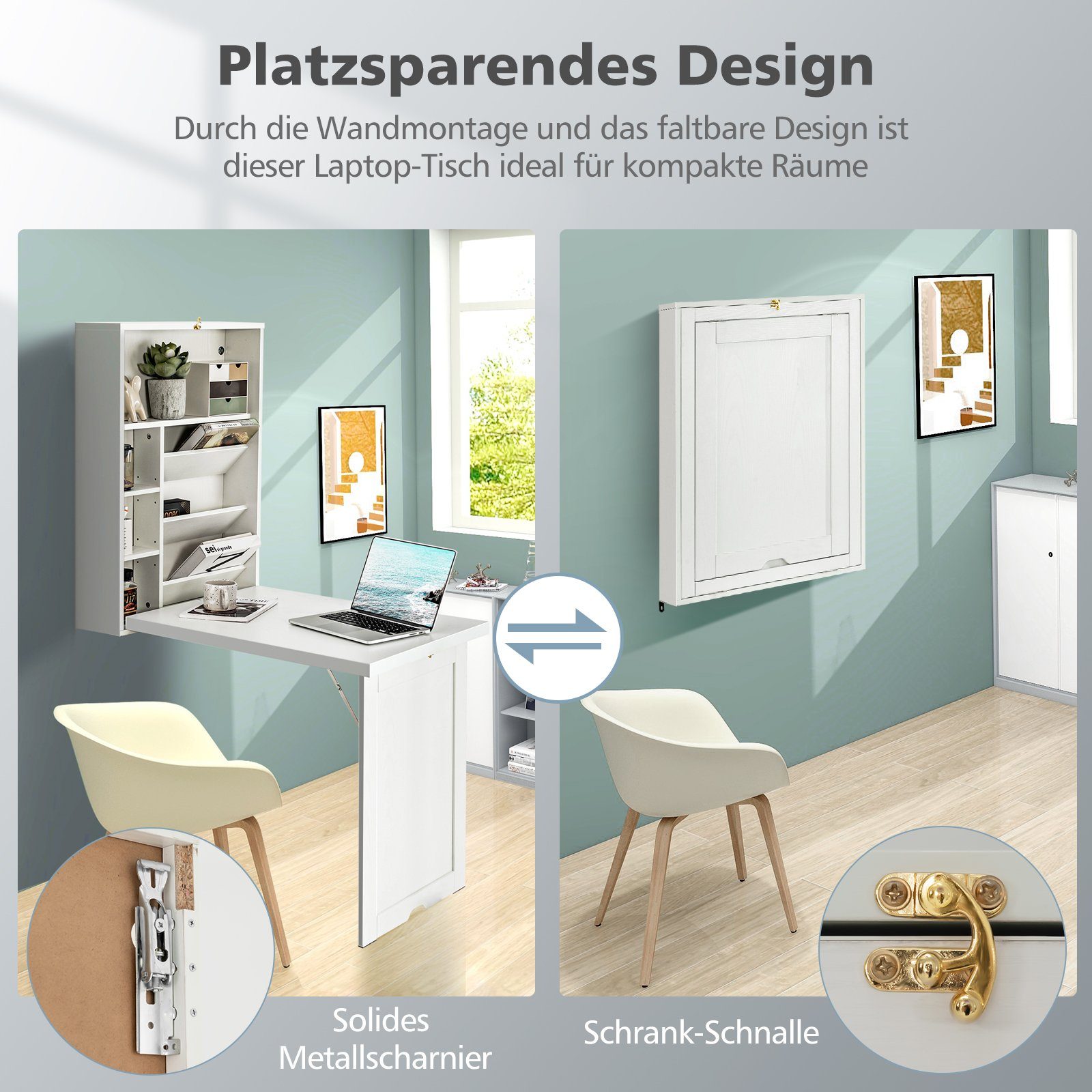 COSTWAY Klapptisch, Wandtisch platzsparend, 60x94,5x151cm, weiß