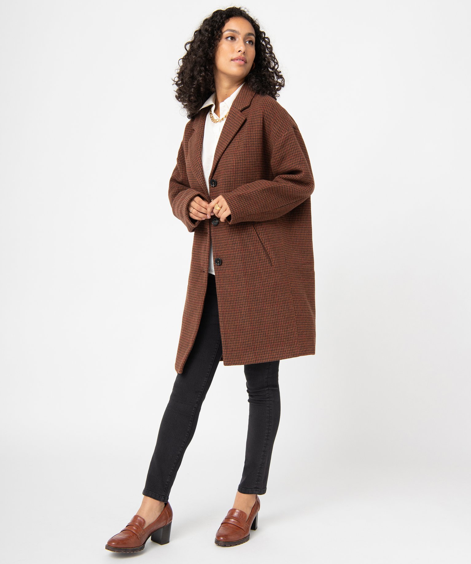 Manteau femme en drap de laine motif pied-de-poule orange | GEMO