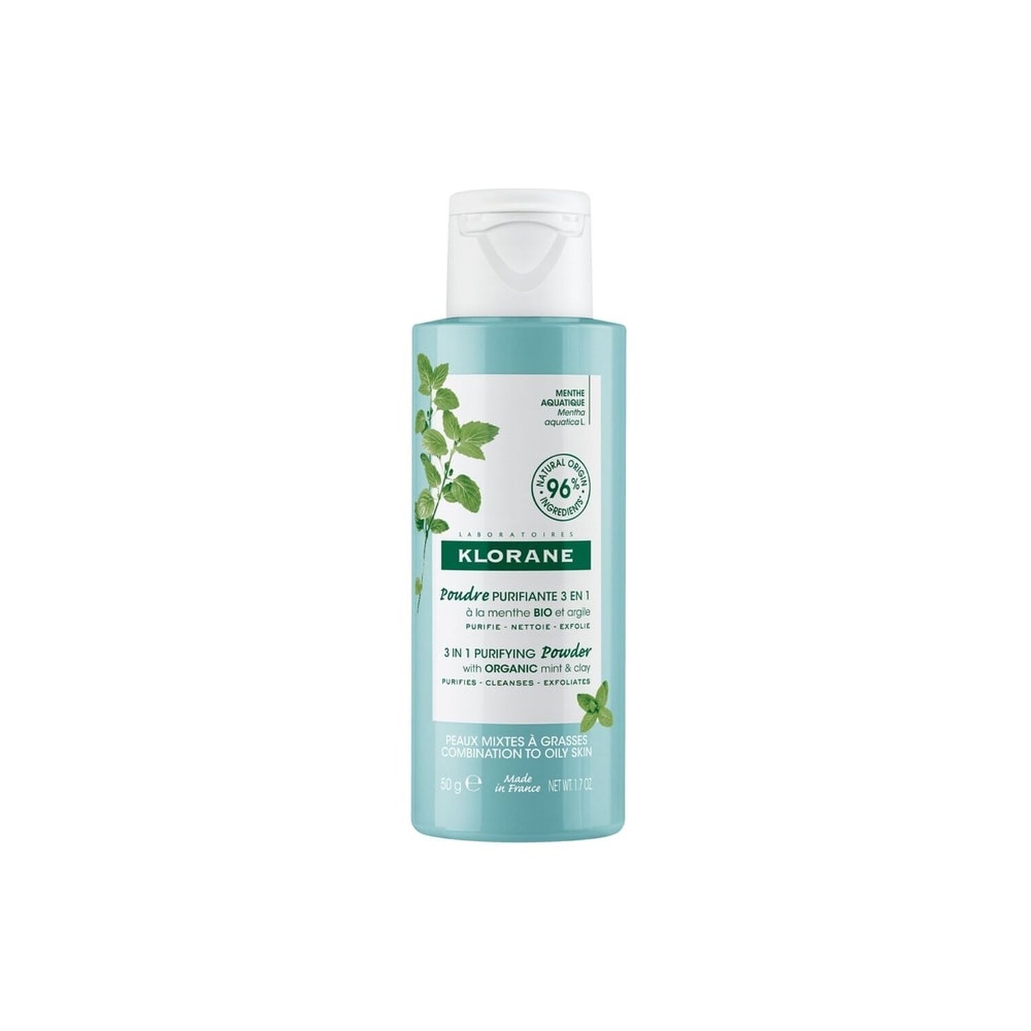 Klorane Poudre purifiante Menthe aquatique Bio - Peaux mixtes à grasses - 50G