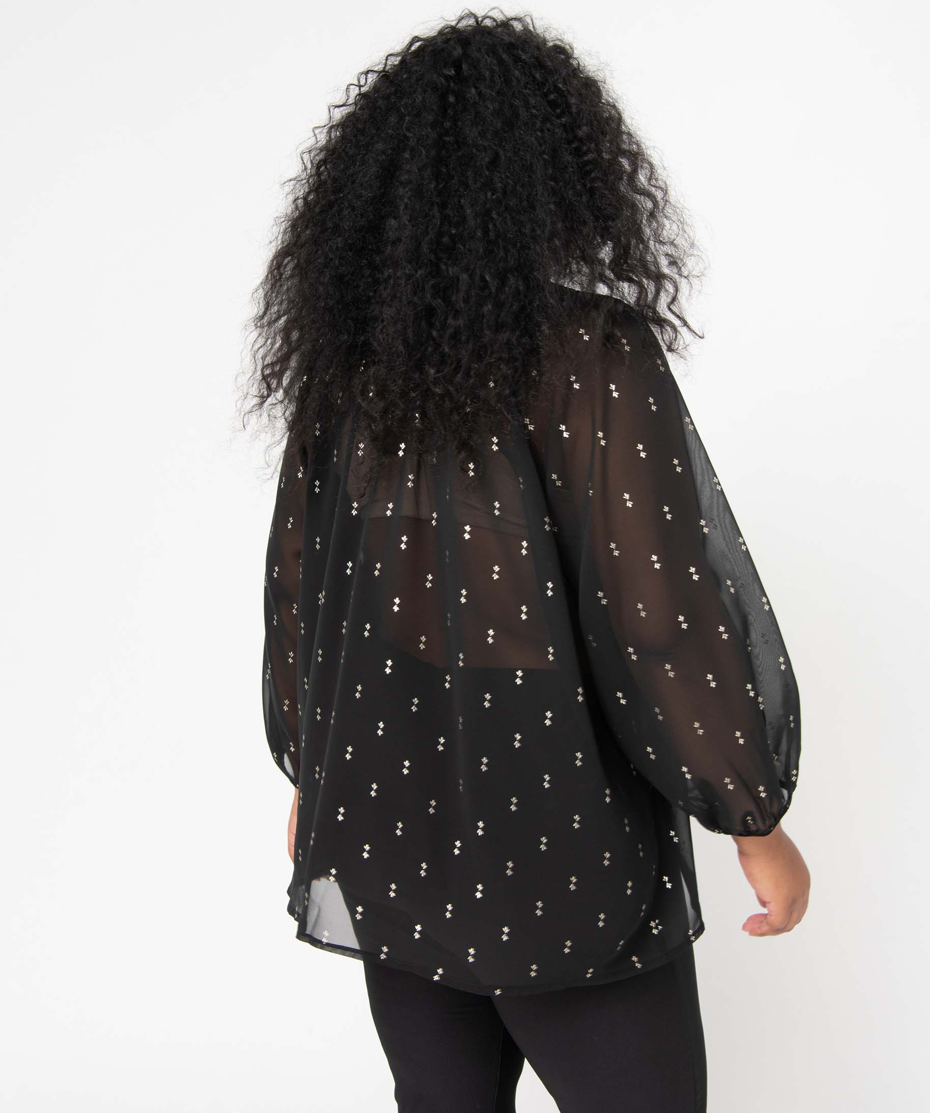 Blouse femme grande taille en voile imprimé brillant et smocks noir | GEMO