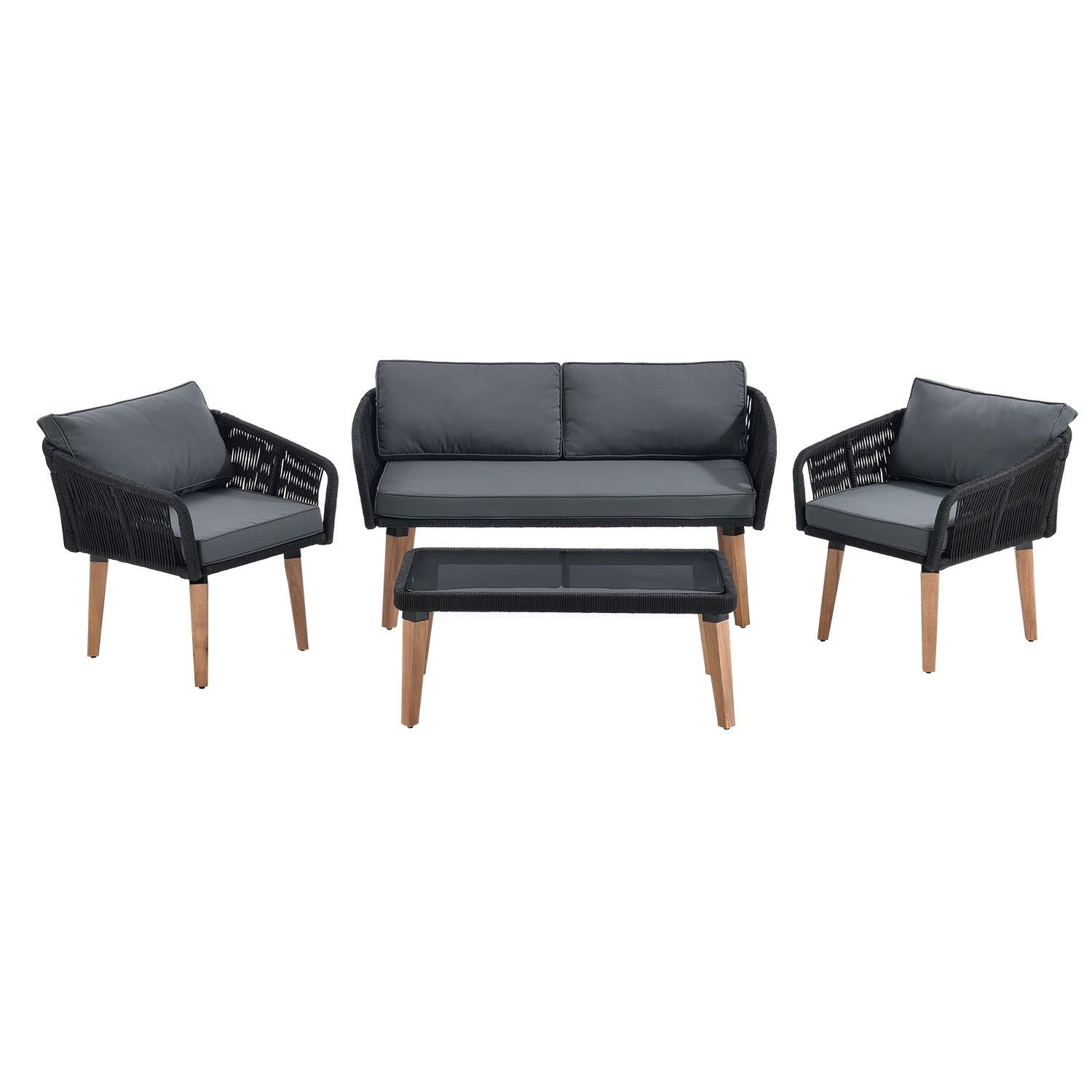 Juskys Gartenlounge-Set Neapel, (4-tlg), Seilgeflecht Sofa mit Tisch, 2 Sessel und Polster, für 4 Personen