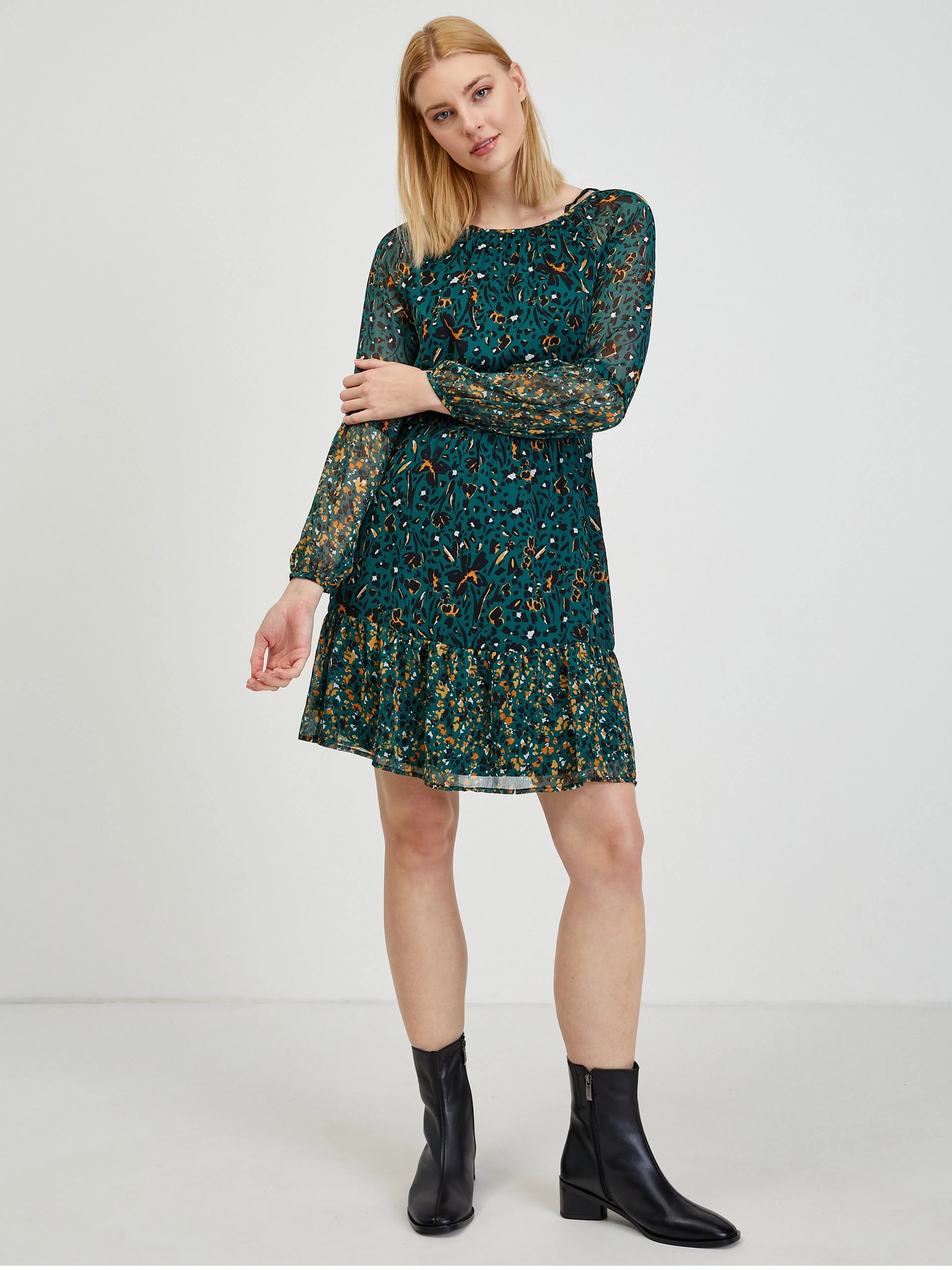 Petrolfarbenes gemustertes Damenkleid ORSAY
