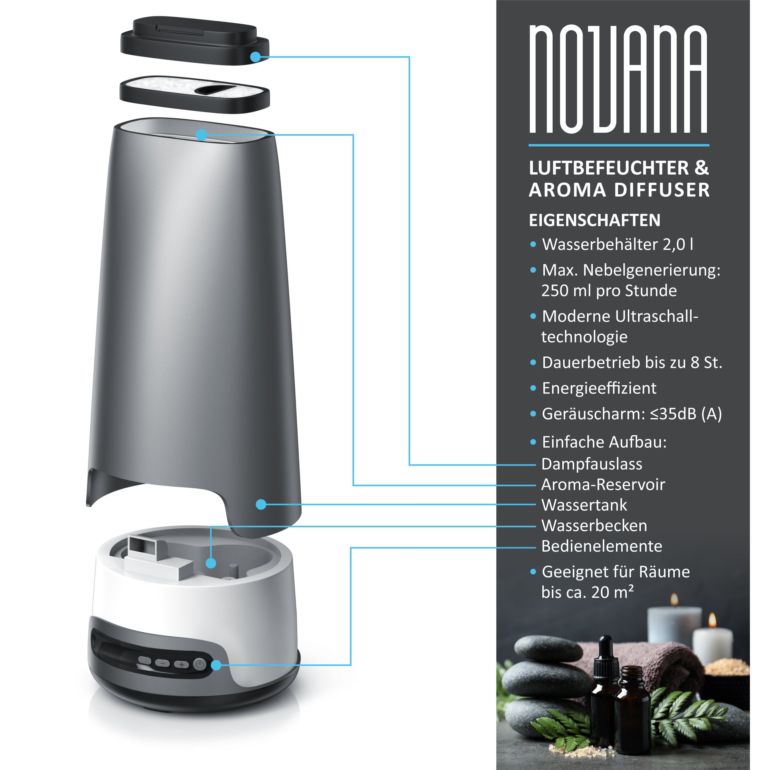 Arendo Luftbefeuchter, 2 l Wassertank, Design Luftbefeuchter mit Aroma-Reservoir - Novana