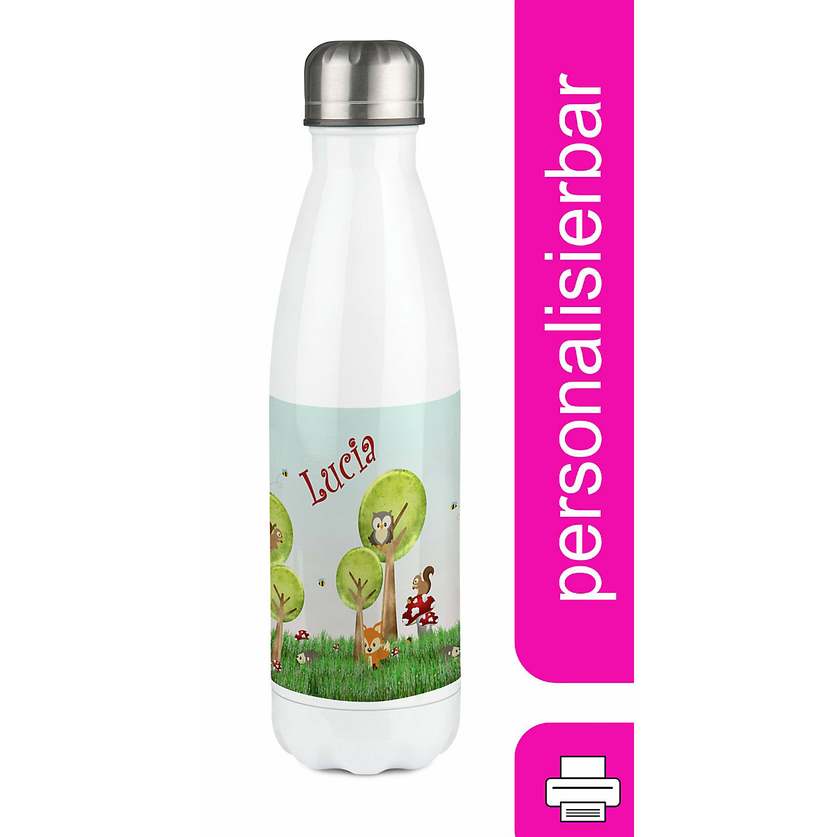 Edelstahl Kinder Thermoflasche / Trinkflasche bunt Waldwiese Spülmaschinenfest, Auslaufsicher, Bruchfest, Doppelwandig, Für Heißgetränke geeignet, Mit Deckel, Isoliert