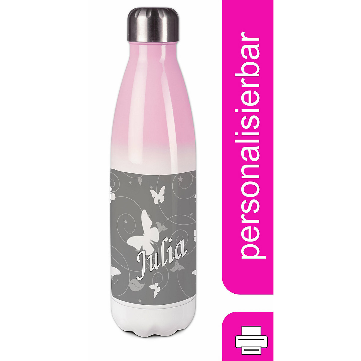 Edelstahl Kinder Thermoflasche / Trinkflasche bunt Schmetterling Ornamente Farbe grau Spülmaschinenfest, Auslaufsicher, Bruchfest, Doppelwandig, Für Heißgetränke geeignet, Mit Deckel, Isoliert