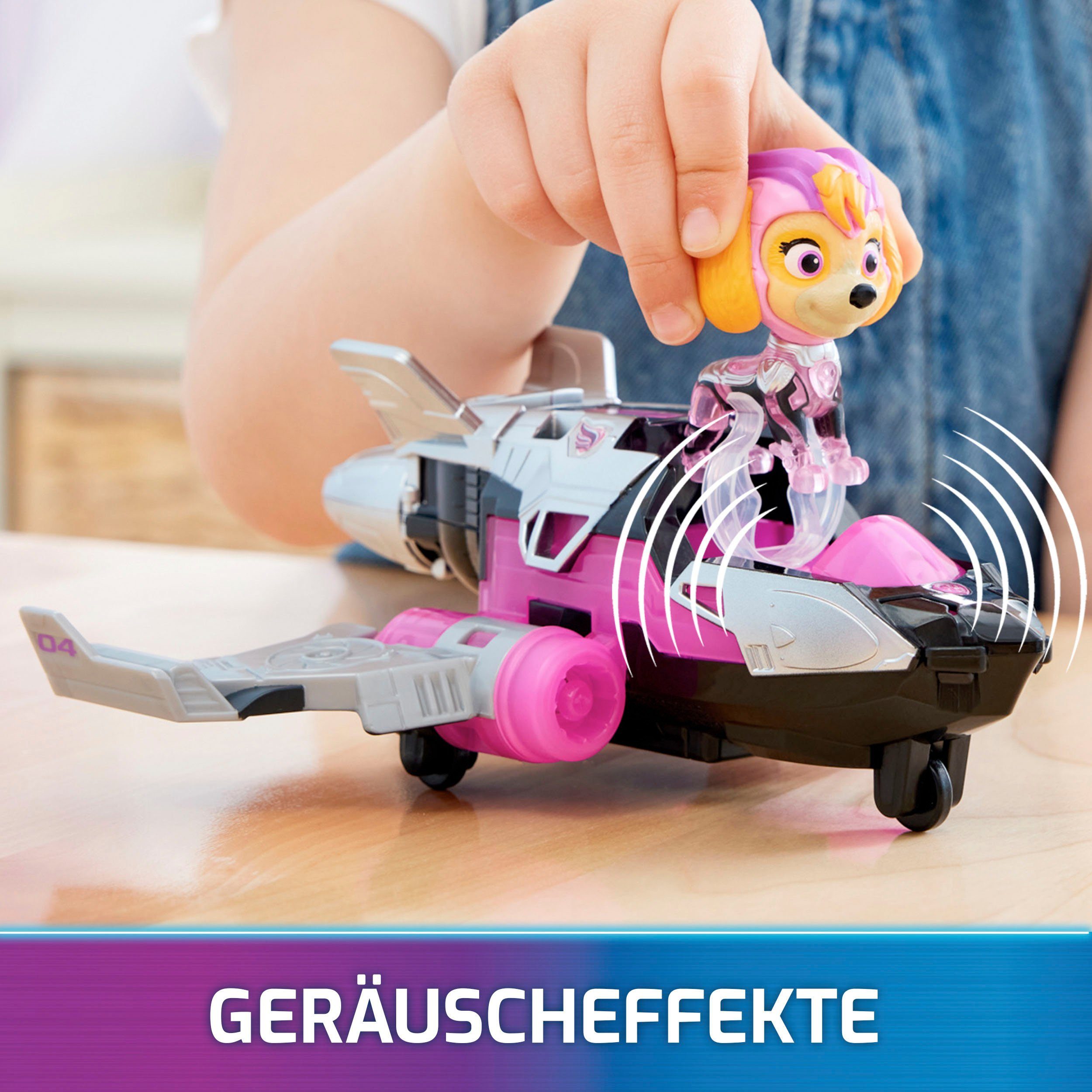 Spin Master Spielzeug-Auto PAW Patrol, Der Mighty Kinofilm: Superhelden-Basis-Fahrzeug von Skye, Flugzeug mit Welpenfigur, Licht- und Soundeffekt