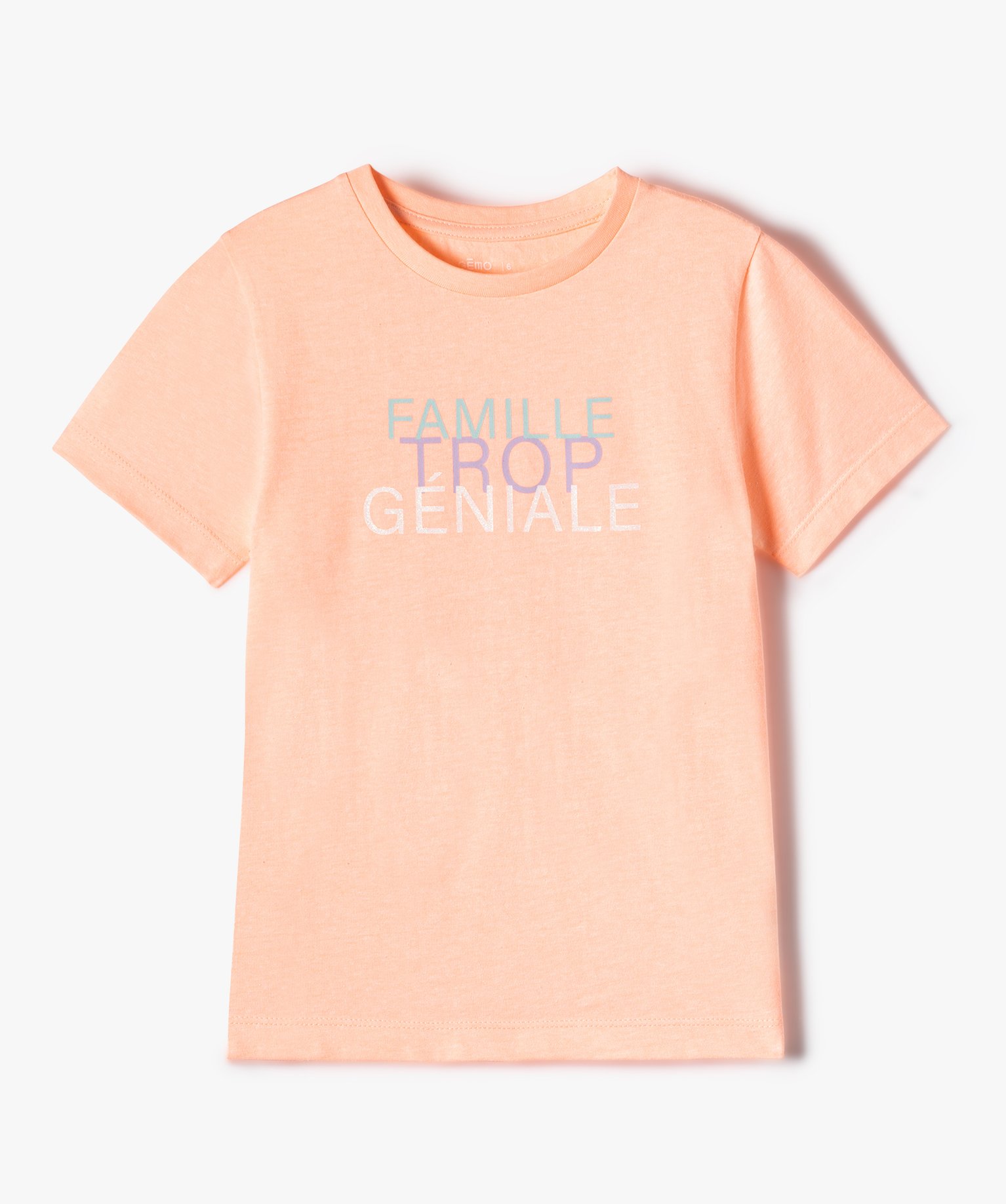 Tee-shirt fille à manches courtes avec inscription pailletée orange | GEMO