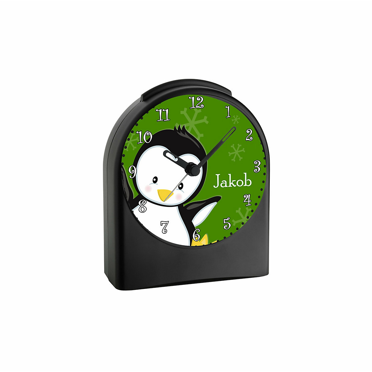 Kinder Funkwecker personalisiert mit Namen Pinguin Atom-/Funkuhr, 12-Stunden-Anzeigeformat, Schlummerfunktion, Nachtlicht, Geräuschlos/Ohne Ticken