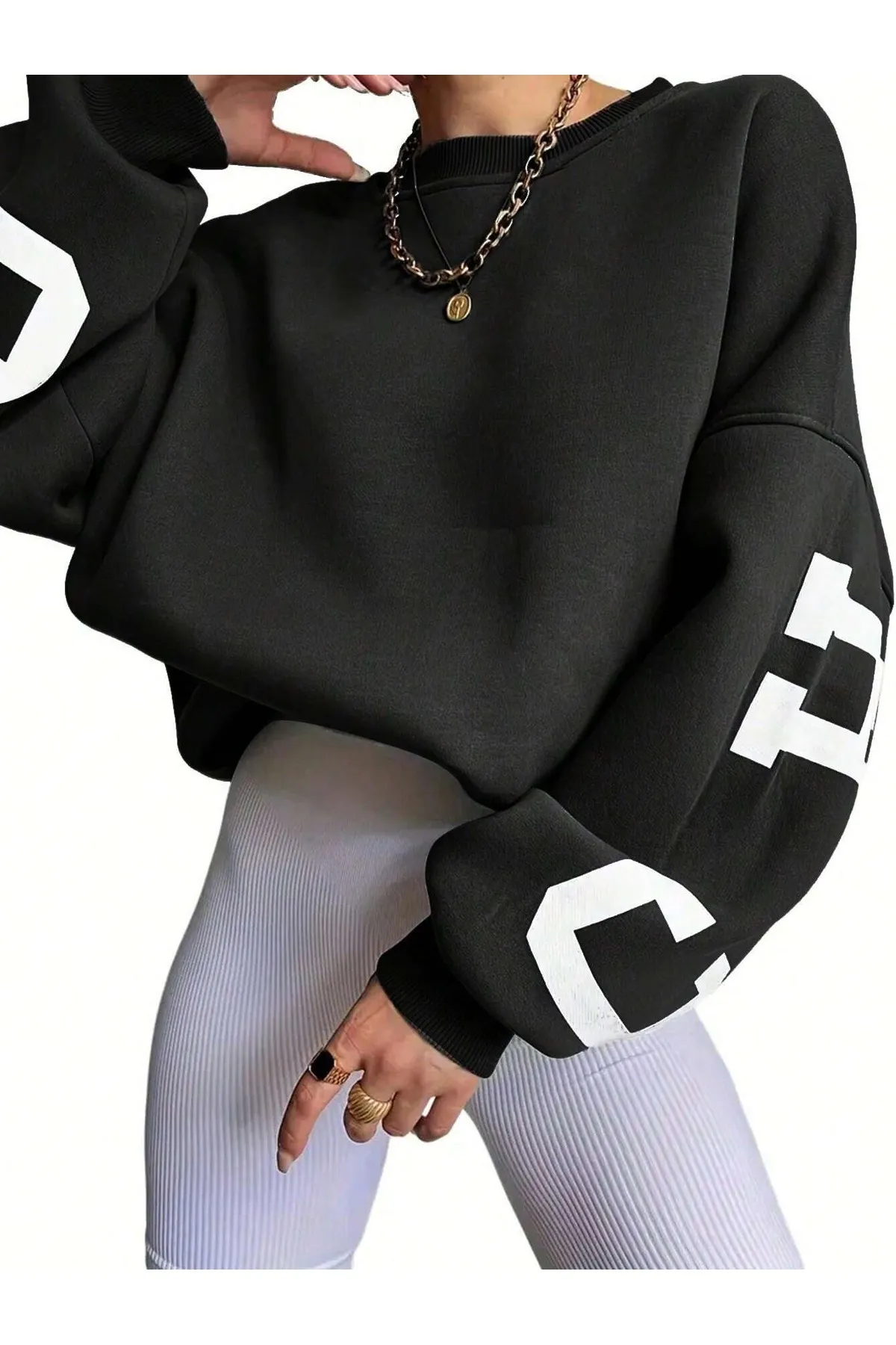 Know  Damen-Sweatshirt „Chicago“ mit schwarzem Aufdruck und Oversize-Rundhalsausschnitt