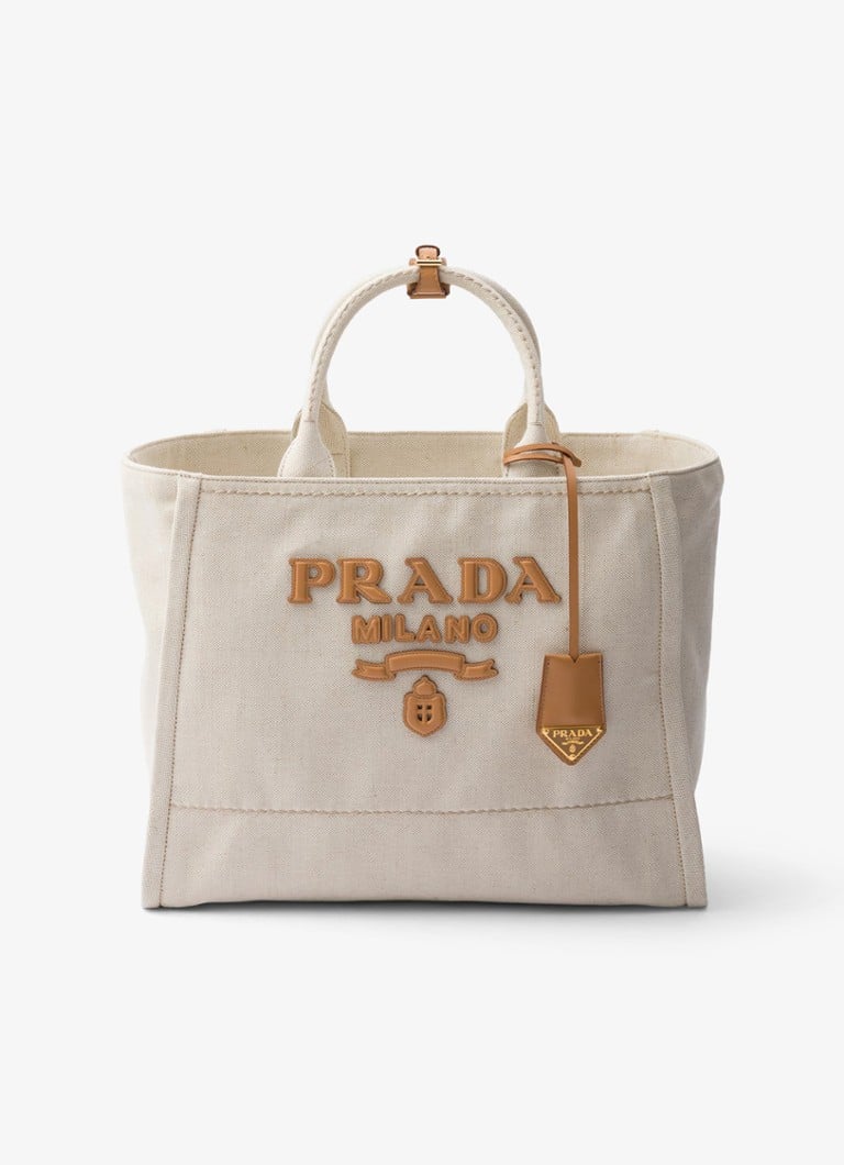 Prada Large shopper in linen blend with leather details