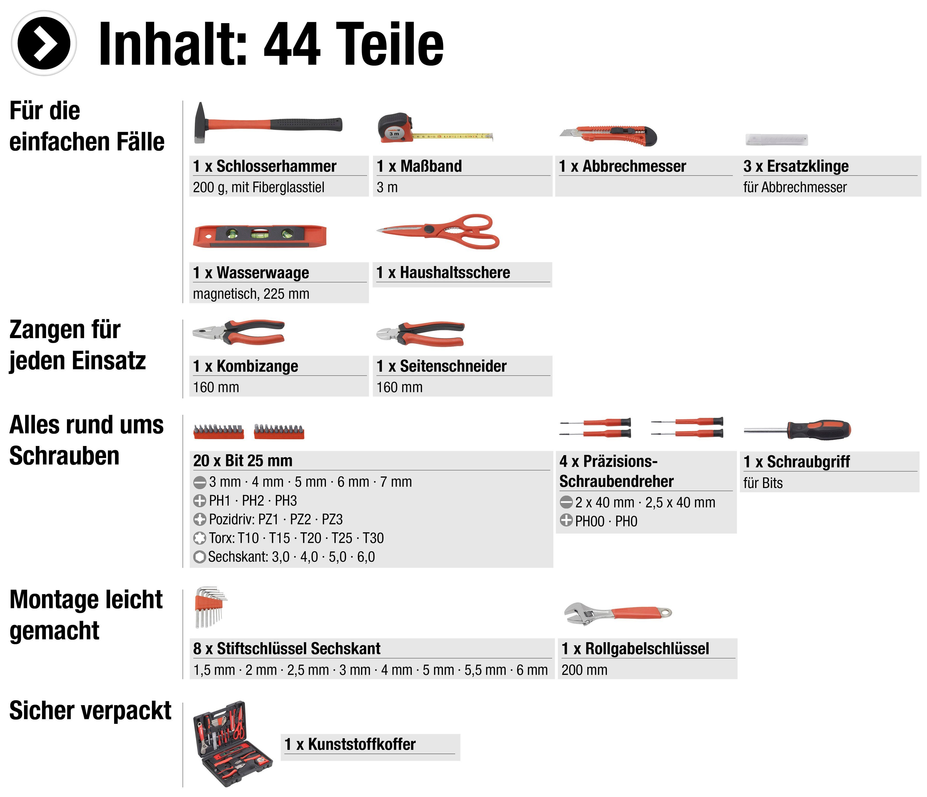 meister Werkzeugset Werkzeugkoffer / 8971430, 44-teilig, Werkzeugbox für den täglichen Gebrauch