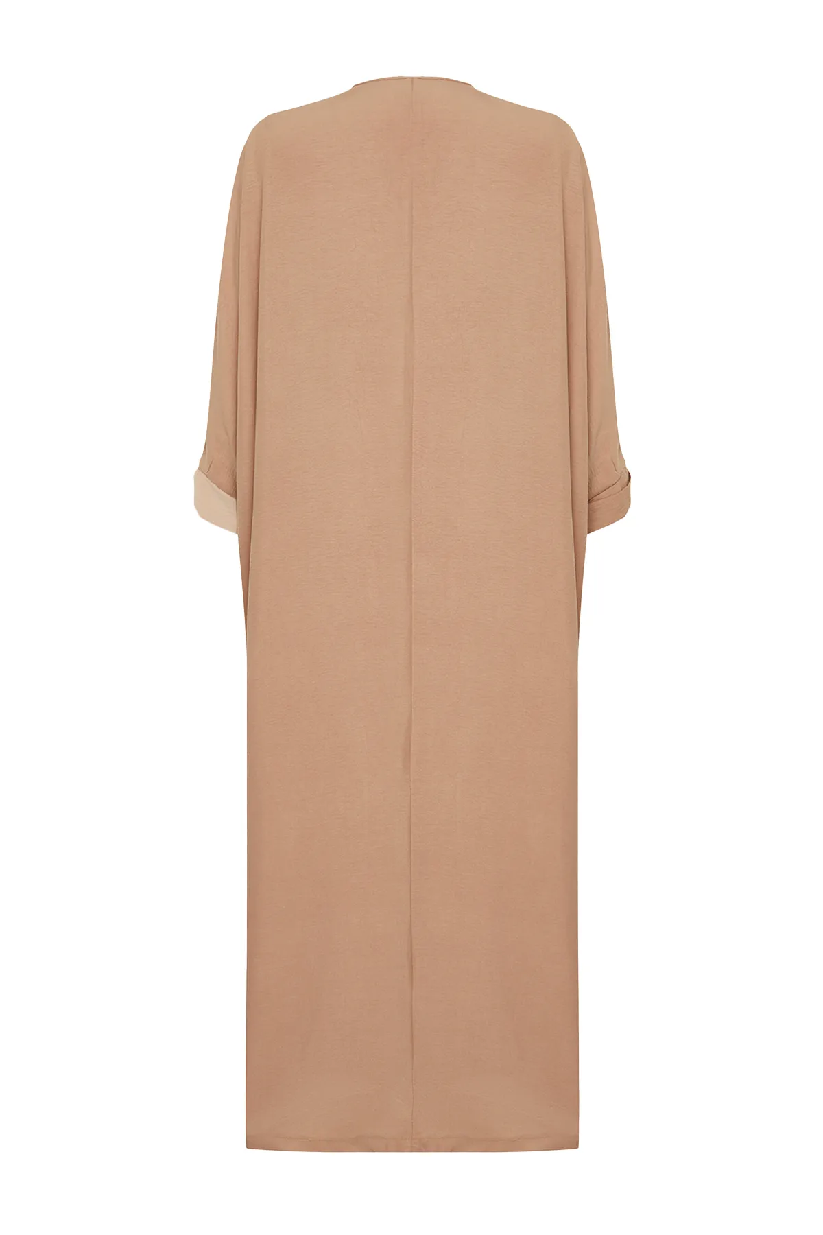 Trendyol Modest  Kamelfarbene, lange gewebte Kappe mit Gürtel und Farbblockdesign & Ferace TCTSS24KF00002