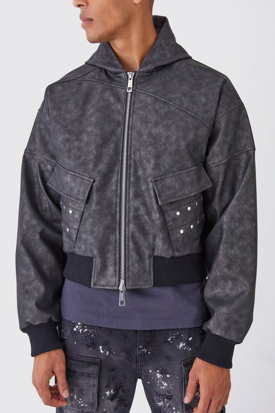 Kastige PU-Bomberjacke mit Kapuze