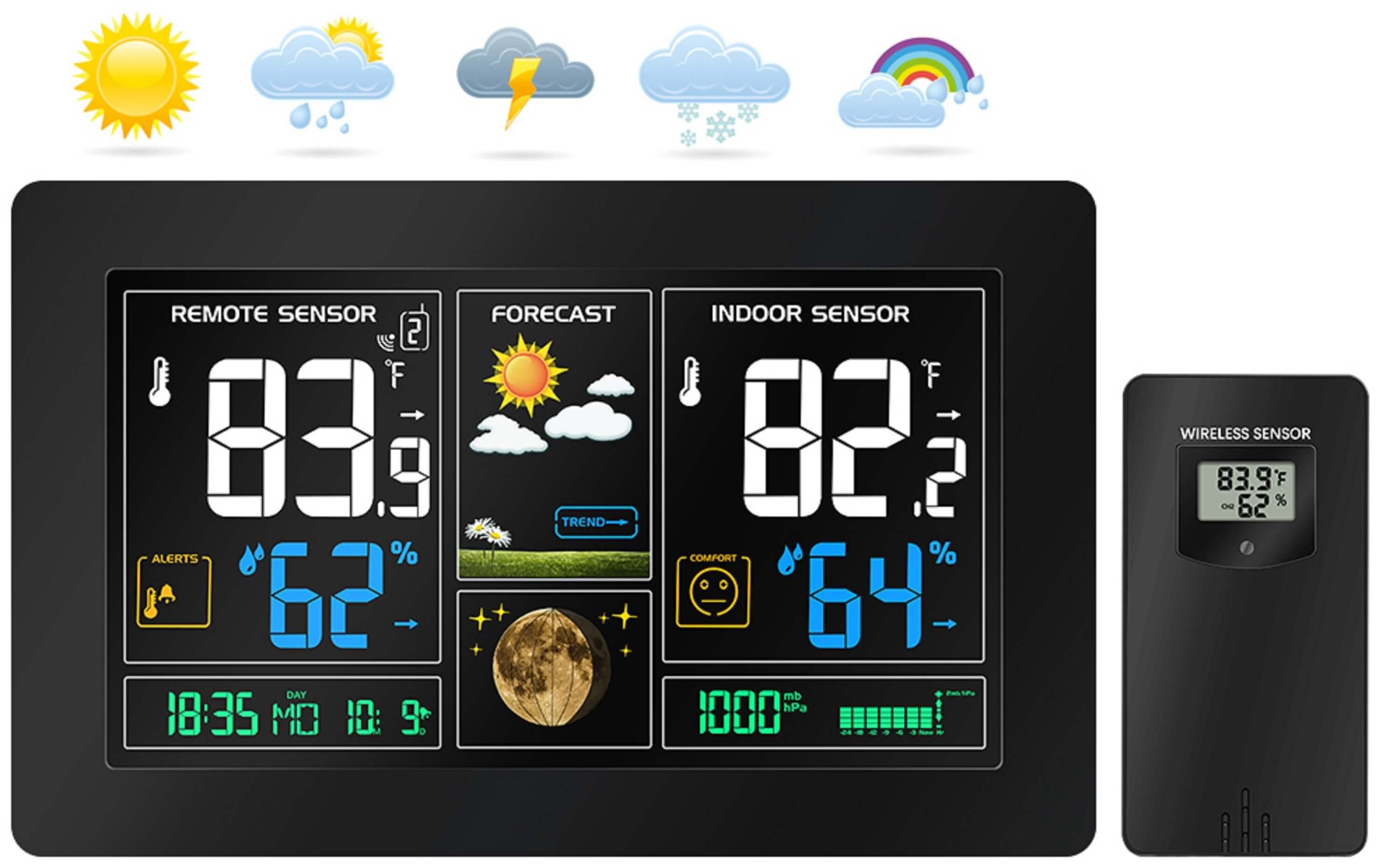 echos Eco-450 Funkwetterstation (mit Funk-Außensensor, Wettervorhersage mit Kalender, Mondphasenanzeige, Farbdisplay mit Dimmfunktion, Alarmfunktion, Funk-Außensensor mit LCD-Display)