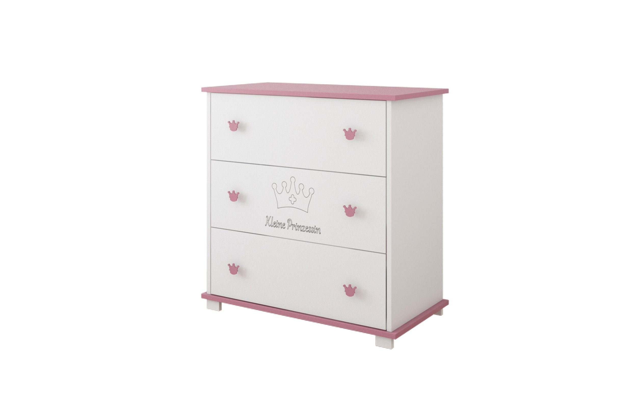 Kids Collective Wickelkommode Kommode Wickeltisch mit Wickelaufsatz mit 3 Schubladen, Kleine Prinzessin Gravur in weiss pink Mädchen Made in Europe
