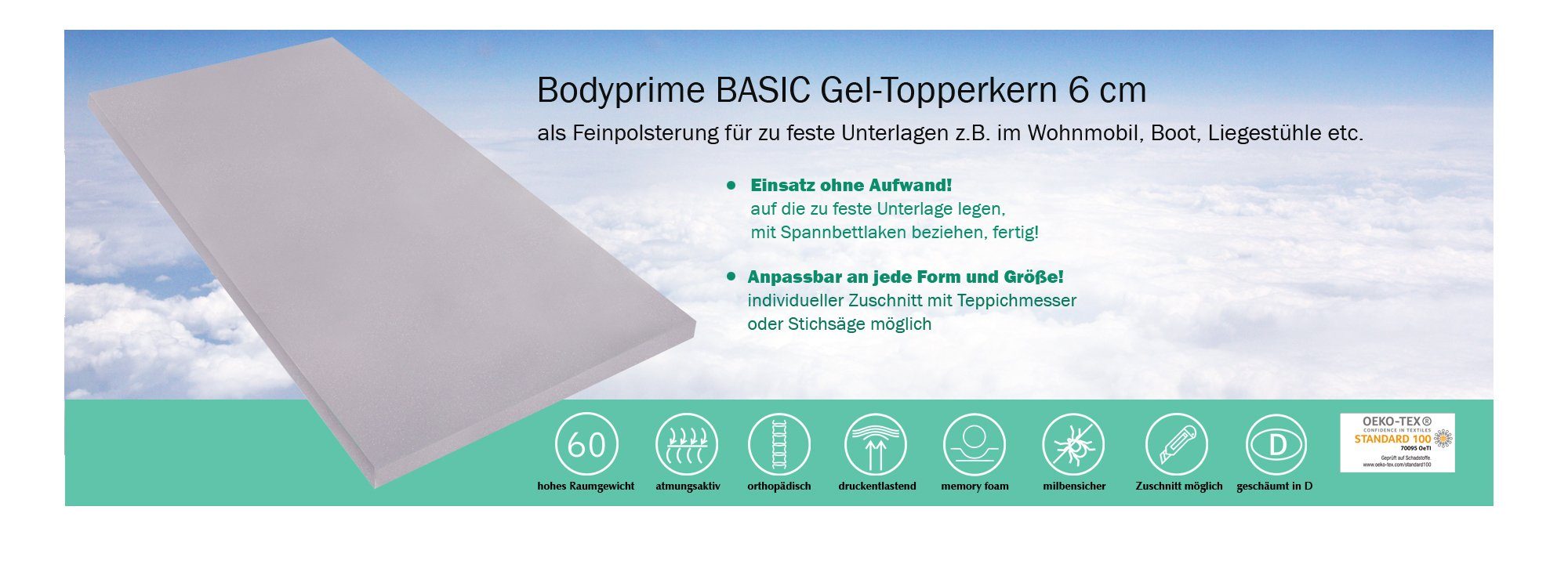 Boxspringmatratze Bodyprime BASIC Gel-Schaum Topperkern 6 cm, Betten Traumland, macht eine zu feste Unterlage weicher!