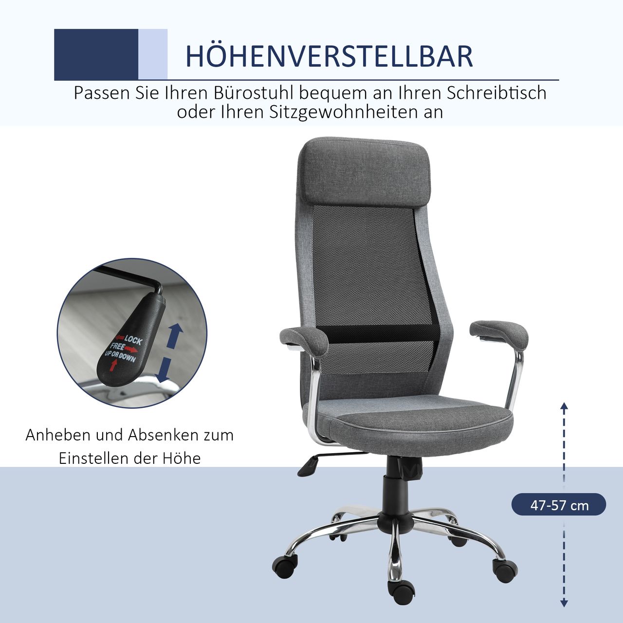 Vinsetto Bürostuhl Computerstuhl ergonomischer Schreibtischstuhl Höhenverstellung und Kopfstütze mit Schaumstoff nordischer Stil hellgrau schwarz 65 x 60 x 119-129 cm
