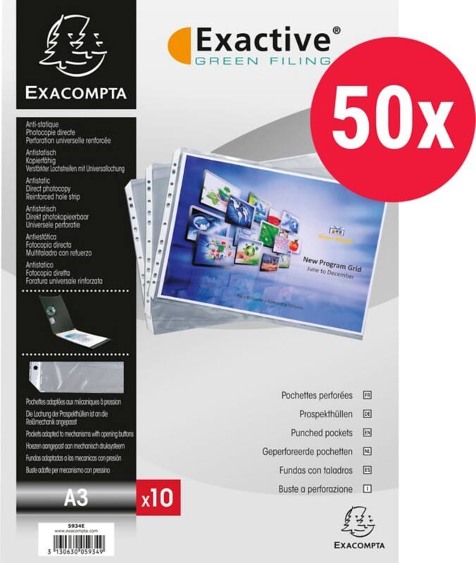 Exacompta Exactive Prospekthüllen DIN A3 Glasklar Transparent 55 Mikron PP (Polypropylen) Oben 11 Löcher 5934E 50 Stück