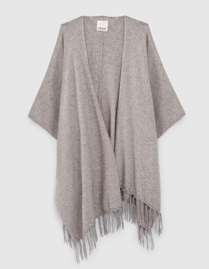 Poncho gris tricot avec bords frangés Femme