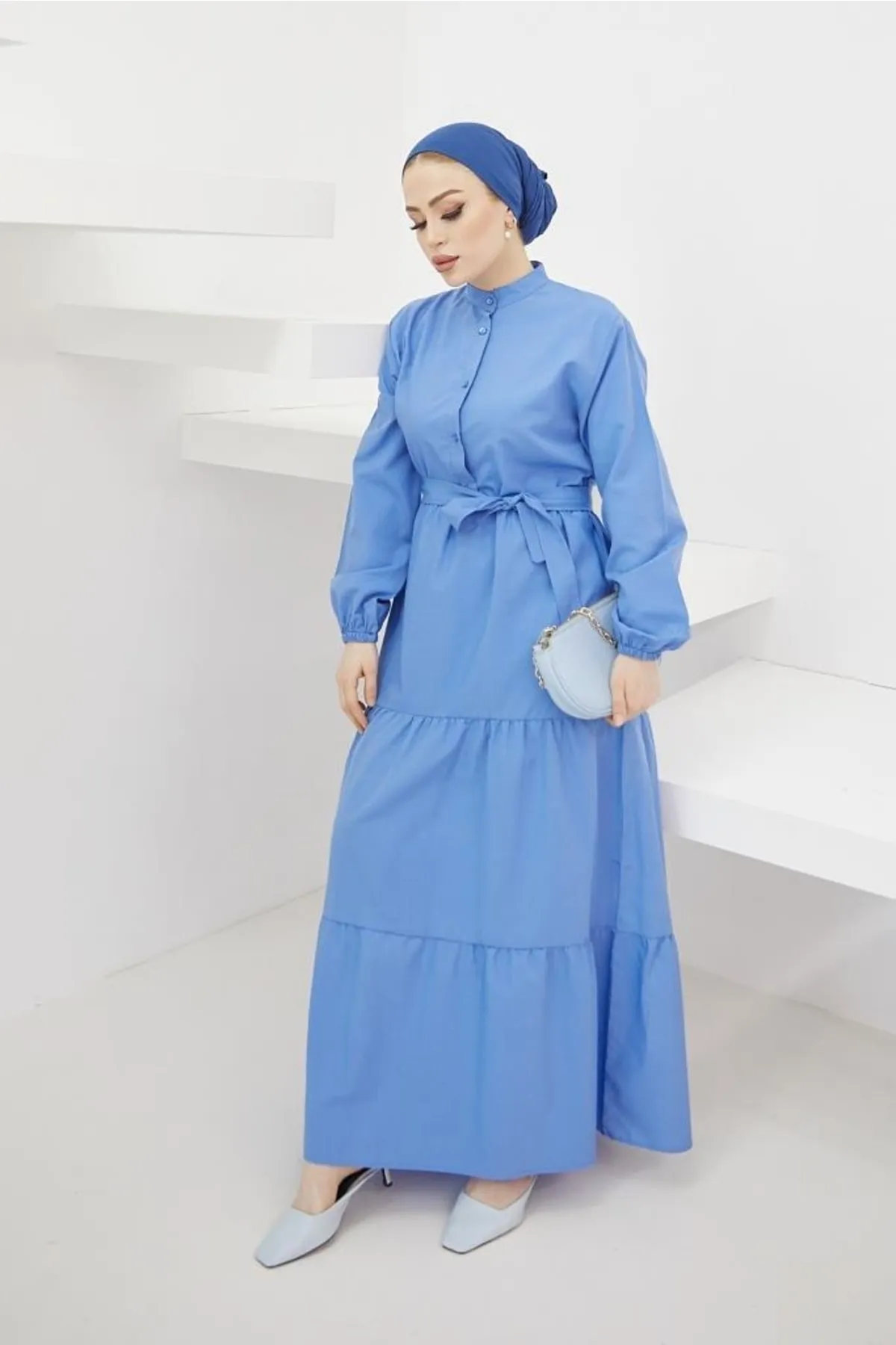 benguen  428 Prächtiges Hijab-Kleid mit Kragen und Knöpfen Blau