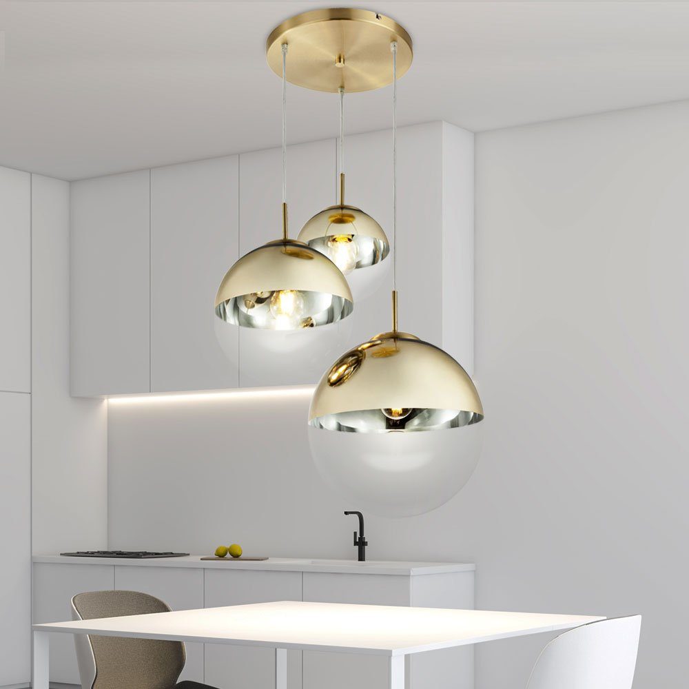 etc-shop Kugelleuchte, Leuchtmittel nicht inklusive, Hängelampe Pendelleuchte Glas 3 flammig goldfarben Glaskugel