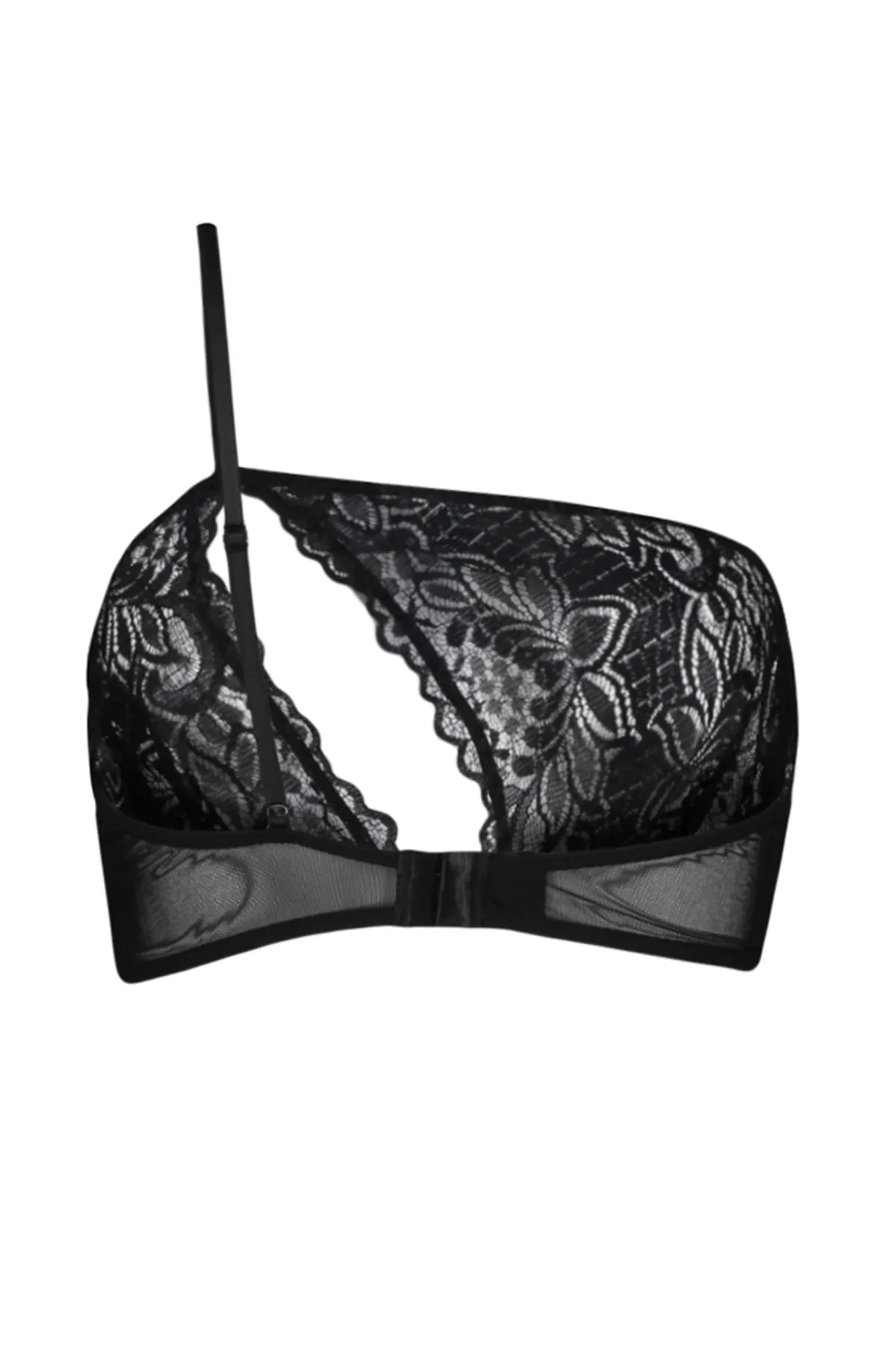 Trendyol Collection  Schwarzer Spitzen-BH mit String-Trägern und ohne Bügel, Strick-BH THMSS24SU00045