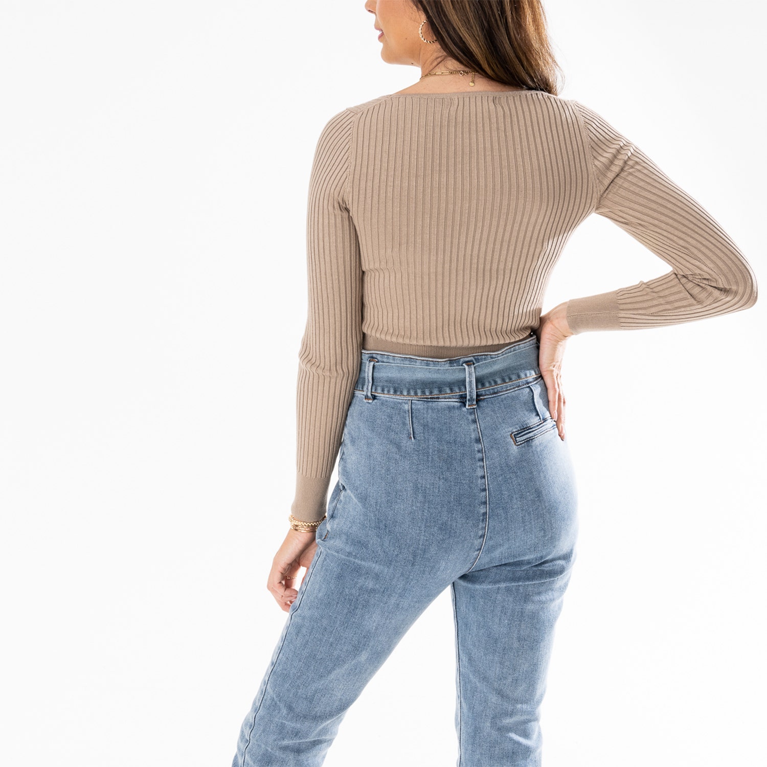 Pull TEXTO beige côtelé à manches longues - taille unique