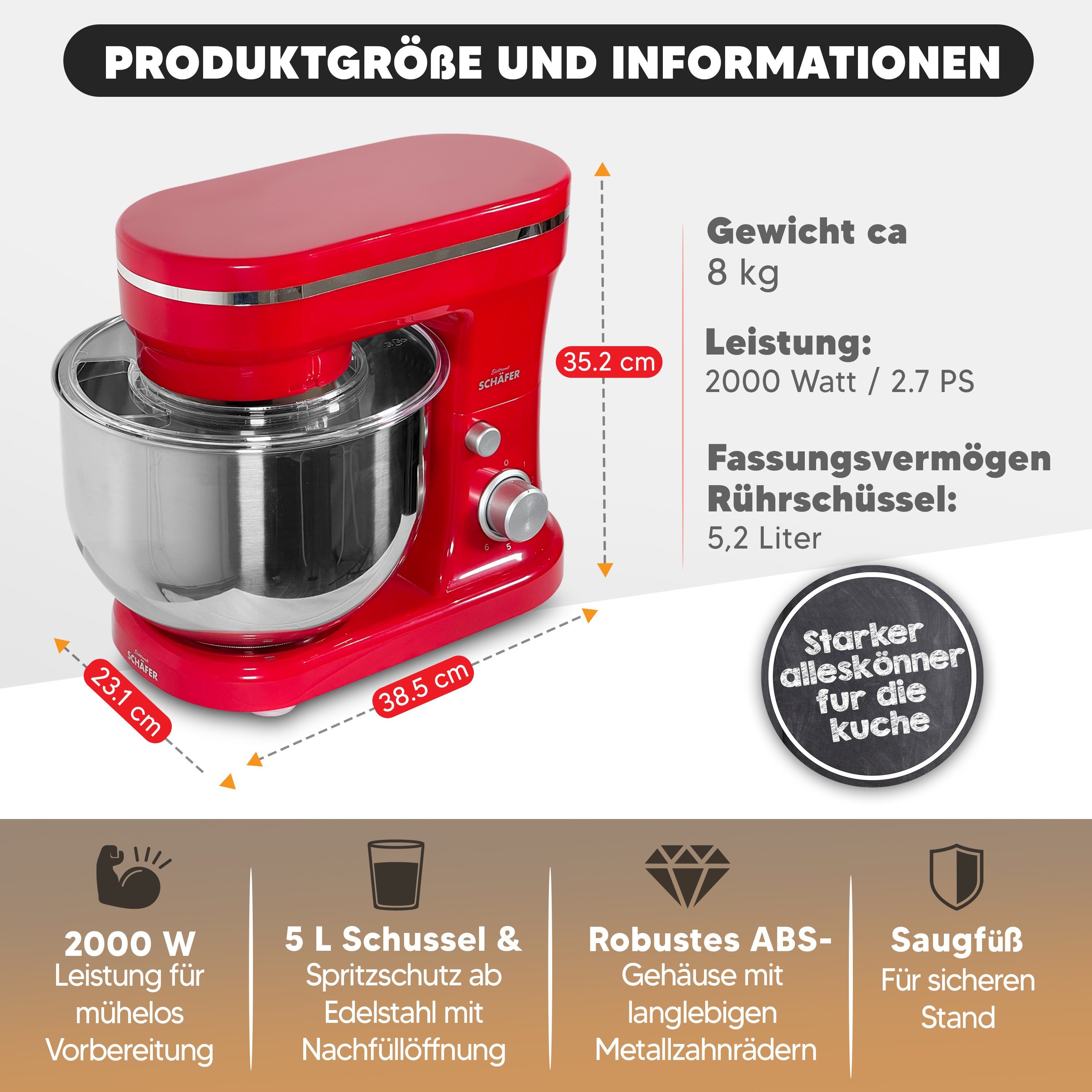 KESSMANN Schäfer Küchenmaschine 6 Stufen Edelstahl Schüssel Knetmaschine Rührgeräte & Mixer Küche, 1200 W, 5,00 l Schüssel, Inkl. 6 Zubehör Maschine für Teig Rührmaschine Knethaken Rührhaken