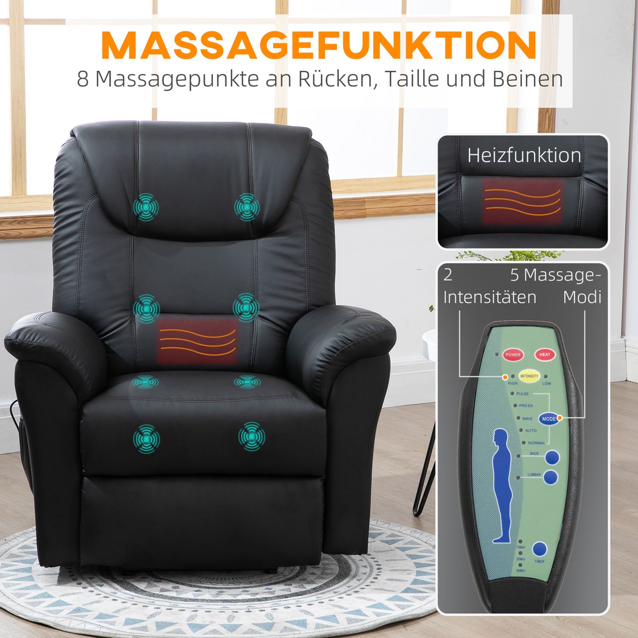 HOMCOM Sessel mit Aufstehhilfe, Verstellbarer Massagesessel Kunstleder Schwarz