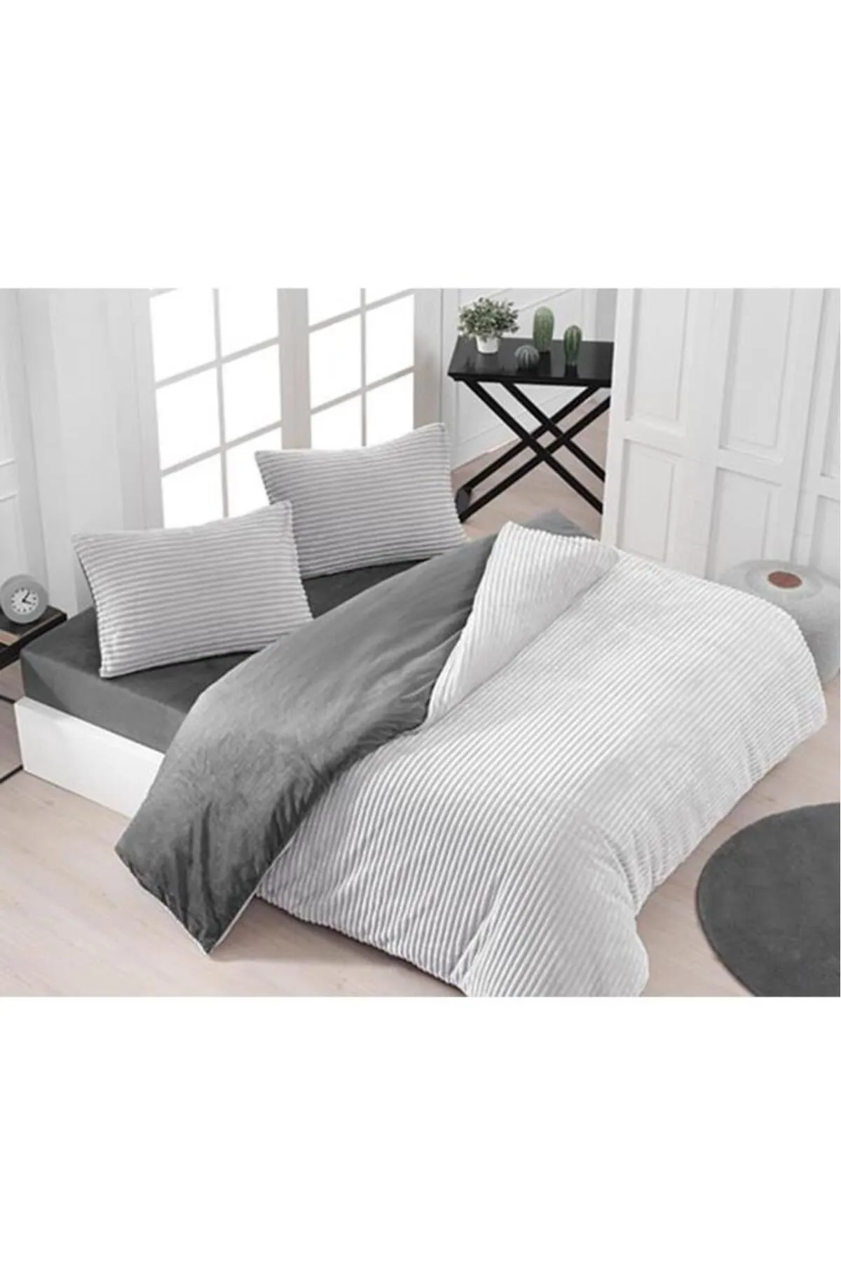 Çeyiz Diyarı  Merino Cord-Bettbezug-Set für Doppelbett, Hellgrau