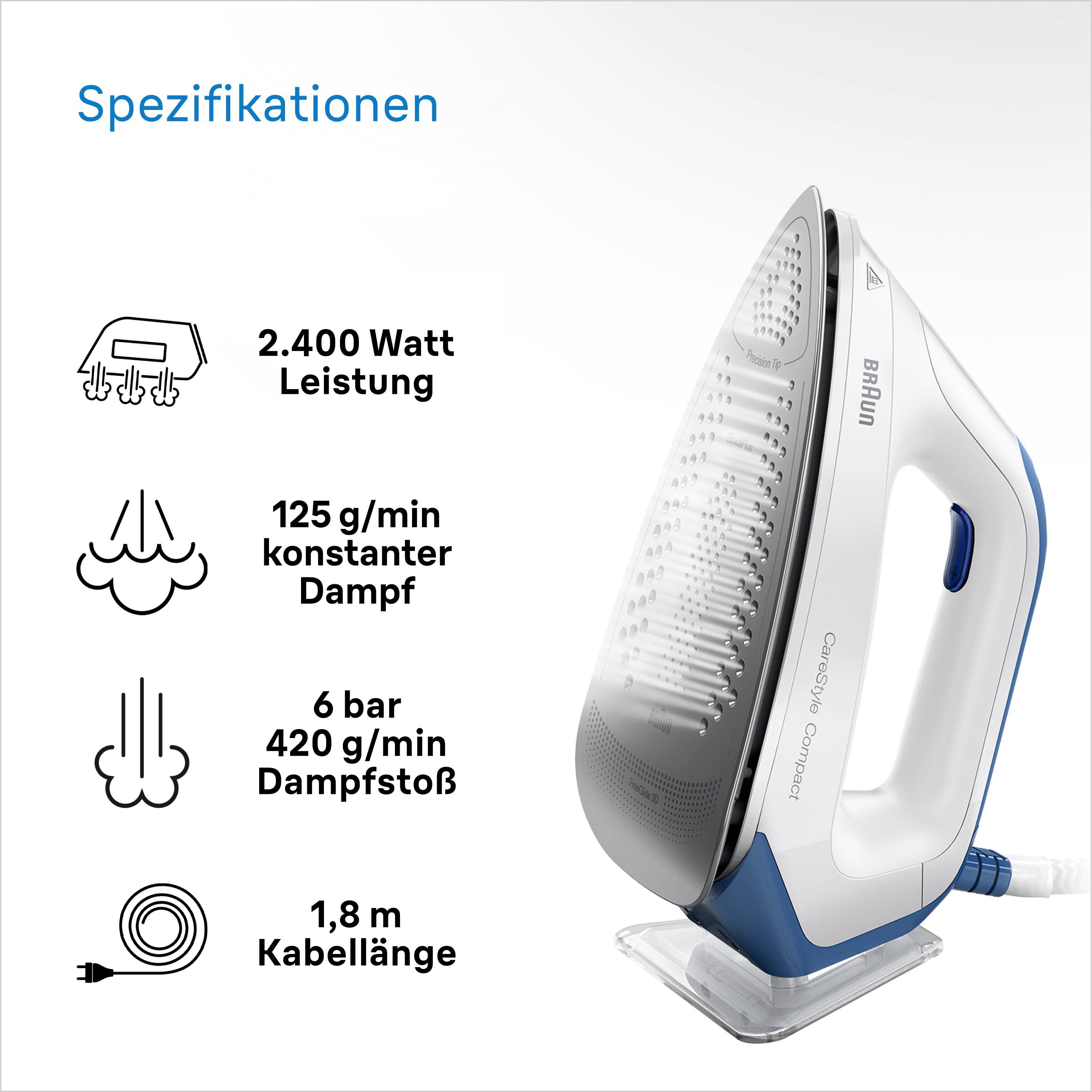 Braun Dampfbügelstation CareStyle Compact IS2143BL, 1500 ml Wassertank, blau, max. Dampfmenge 420g/min, Rückwärtsbügeln über Knöpfe