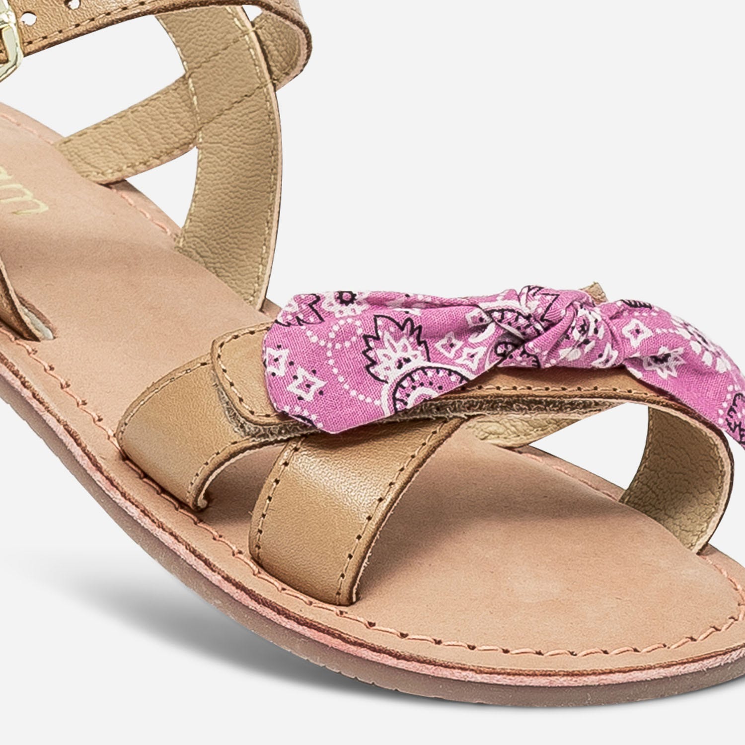 Sandale camel en cuir avec nœuds bandana amovibles