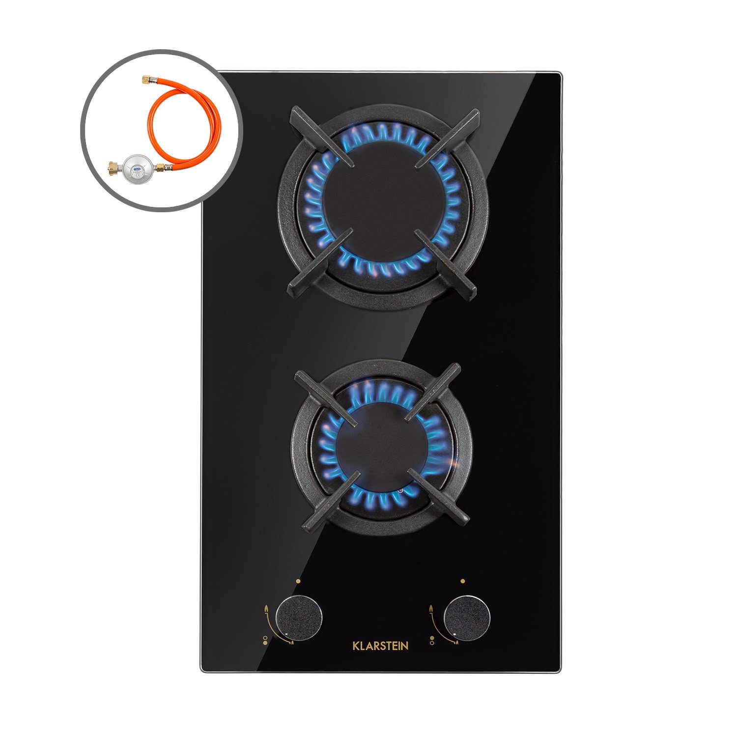 Klarstein Gas-Kochfeld Goldflame Domino Gaskochfeld 2-flammig Messing-Brenner Glaskeramik CP11-Goldflame-D, Einbau Gas Kochfeld 2 Platten Herdplatte Kochplatte Einbaukochfeld