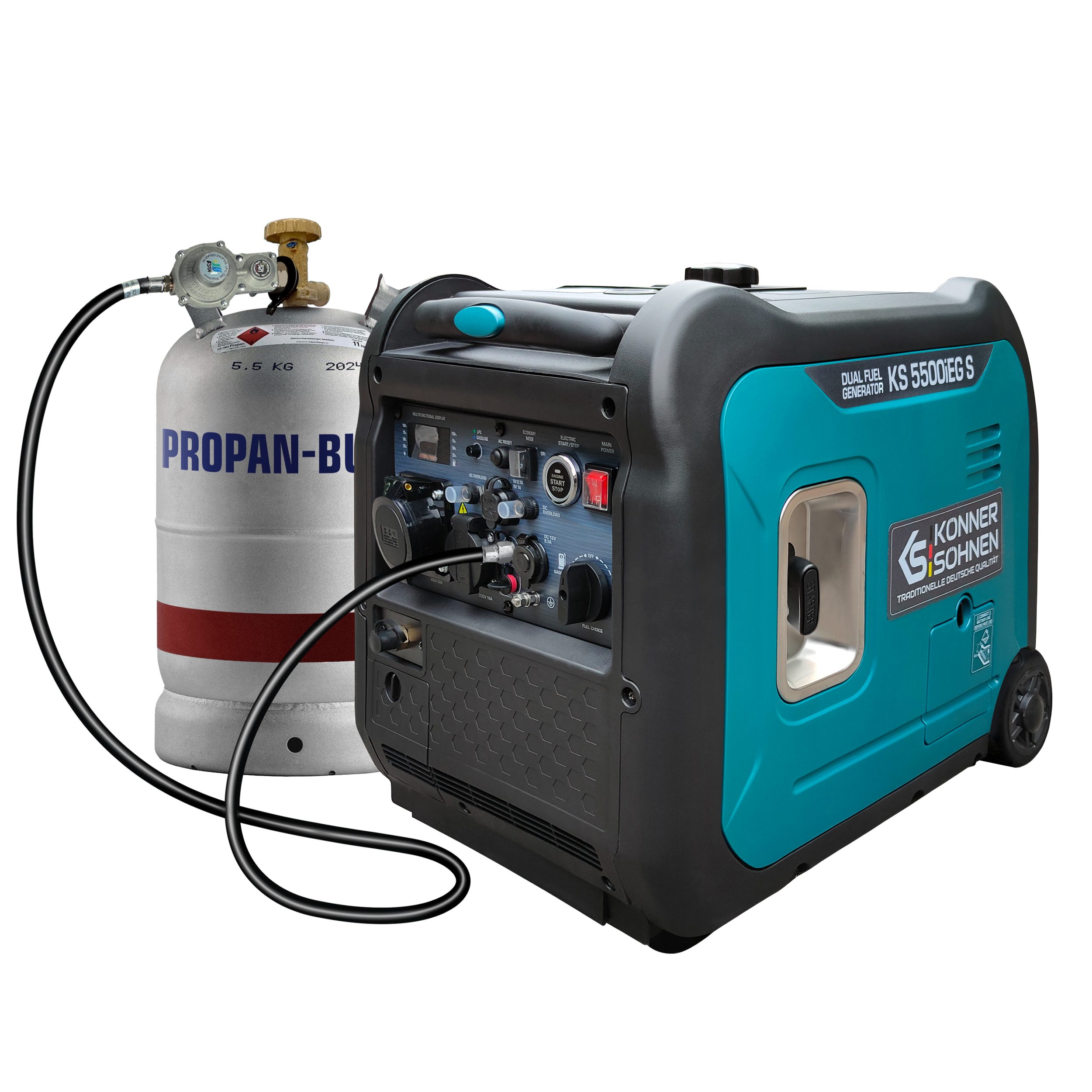 Könner & Söhnen Stromerzeuger KS 5500iEG S, 5,50 in kW, (Schallgedämmtes Gehäuse (66 dB Lpa 7 m), ECO-Modus, 1-tlg., Schuko-Steckdose 230 V, CEE-Steckdose 230V 32A), Kurzschluss- und Überlastschutz, Abgasnorm EURO V