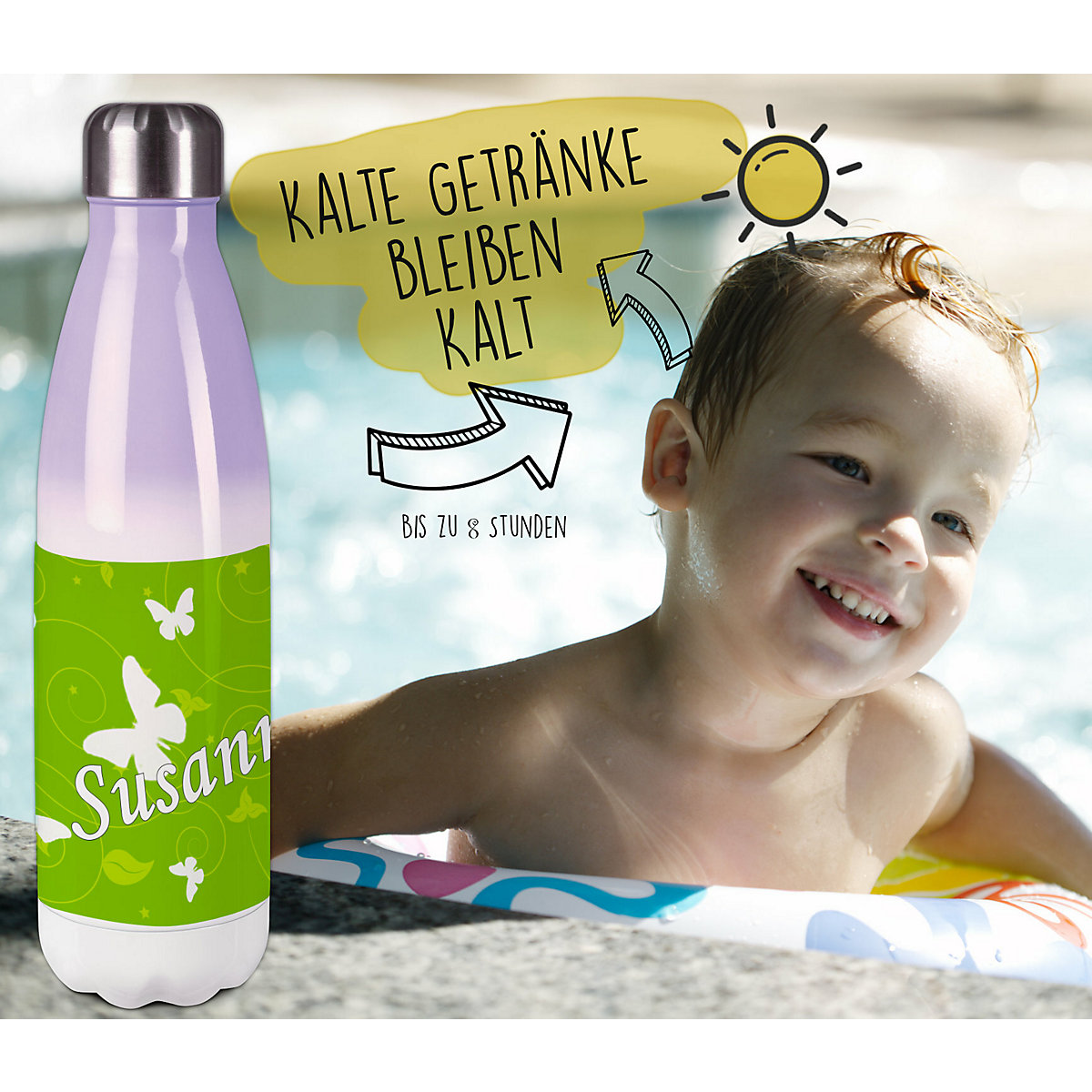 Edelstahl Kinder Thermoflasche / Trinkflasche bunt Schmetterling Ornamente Farbe grün Spülmaschinenfest, Auslaufsicher, Bruchfest, Doppelwandig, Für Heißgetränke geeignet, Mit Deckel, Isoliert