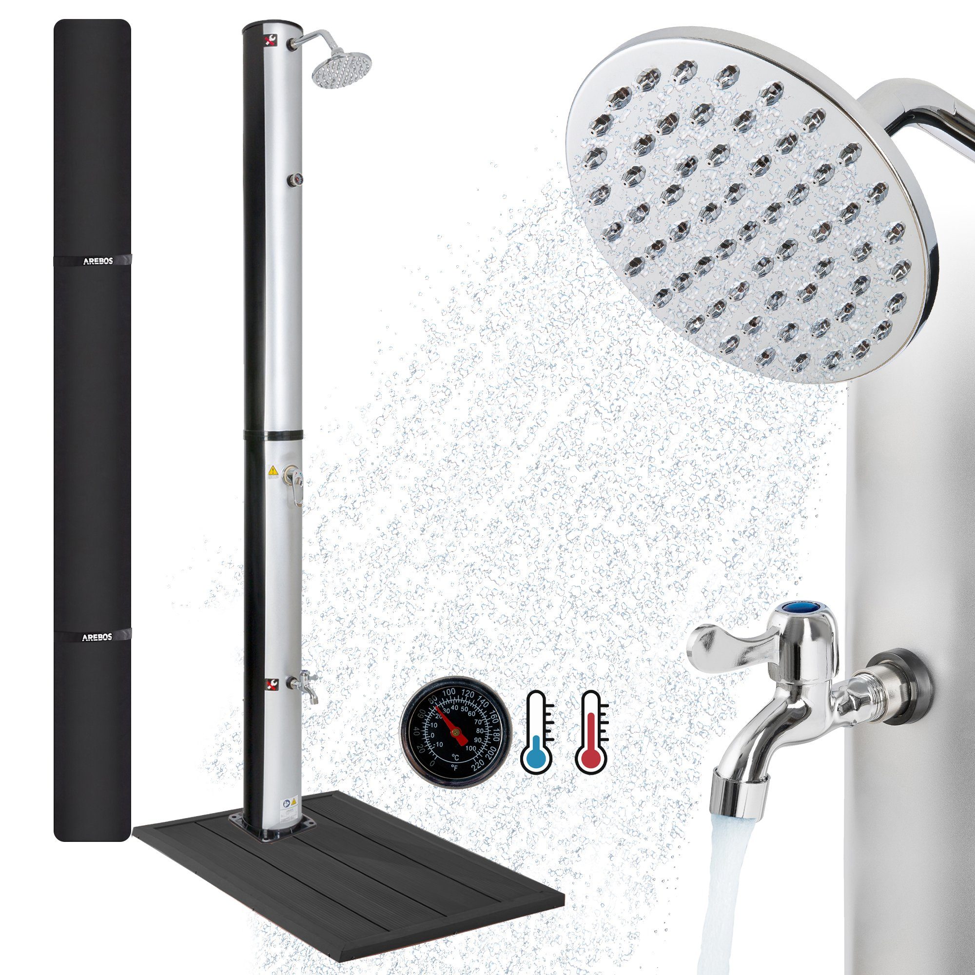 Arebos Solardusche 40L & Bodenelement, mit integriertem Thermometer & Fußdusche (Set), inkl. Abdeckhaube