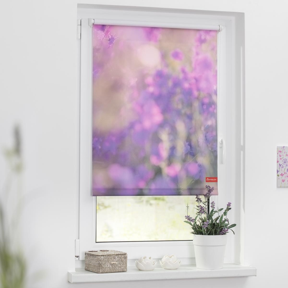 Lichtblick Rollo Klemmfix, ohne Bohren, blickdicht, Blumenwiese - Fuchsia Violett, 90 x 150 cm (B x L)