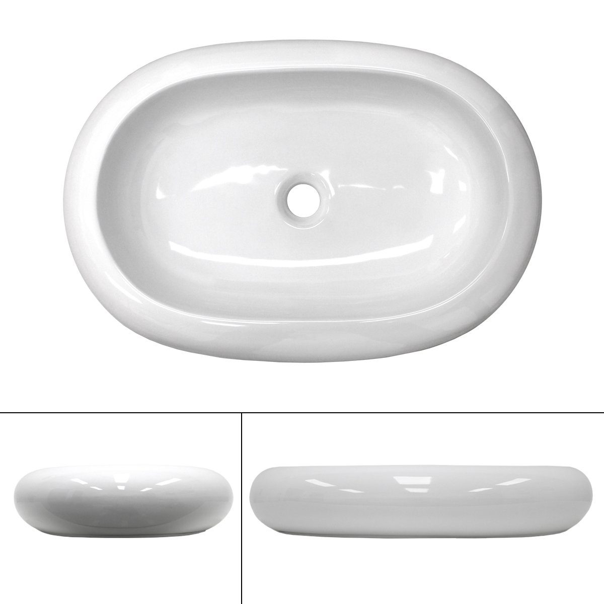 ECD Germany Waschbecken Waschtisch Aufsatzbecken Aufsatzwaschbecken Aufsatzwaschtisch, Keramik Weiß 630x420x120mm inkl. Ablaufgarnitur ohne Überlauf Oval