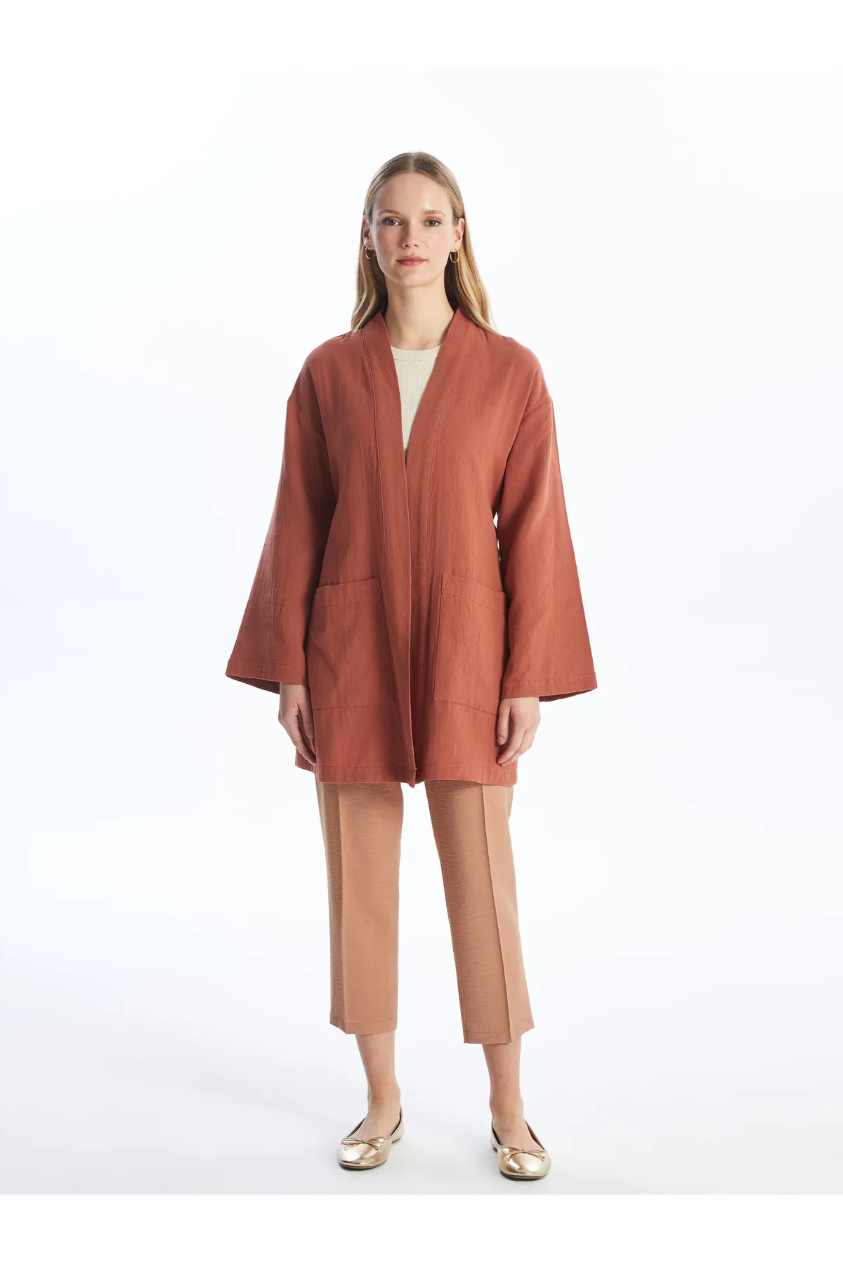 LC Waikiki  Einfarbiger langärmliger Damen-Kimono mit Schalkragen