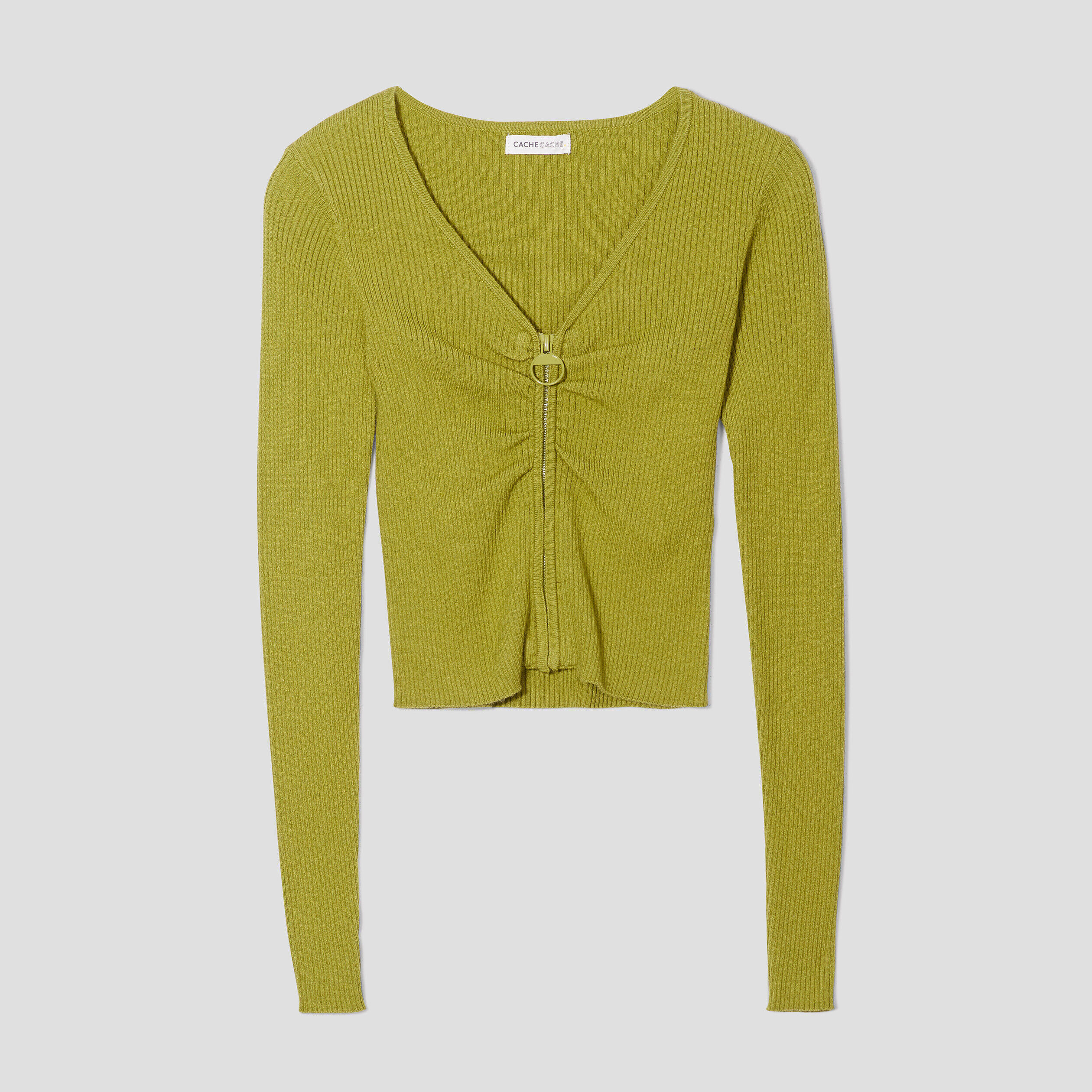 Gilet crop top côtelé zippé vert kaki femme | Cache Cache