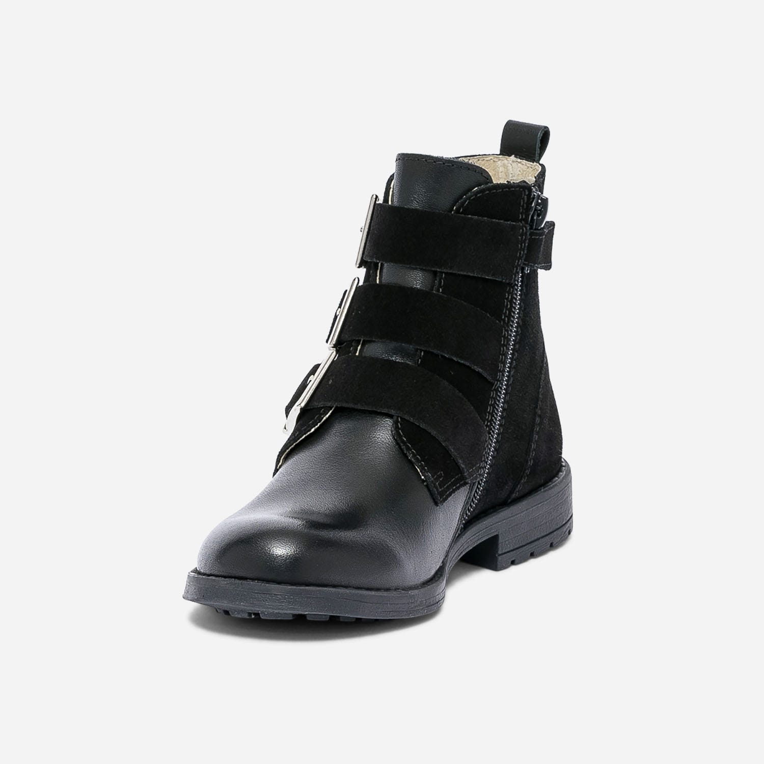 Boots noir en cuir bi matière à 3 boucles